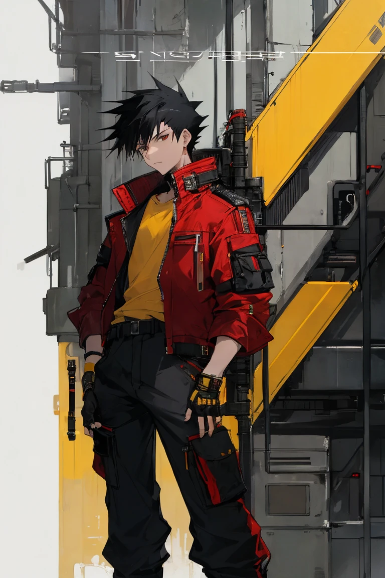 ((highest quality)), ((masterpiece)), (be familiar with), 1 male, alone, Black Hair,Spiky Hair,cargo pants,Red jacket,Yellow Shirt,Large,Fingerless Gloves, cyber punk,SF,