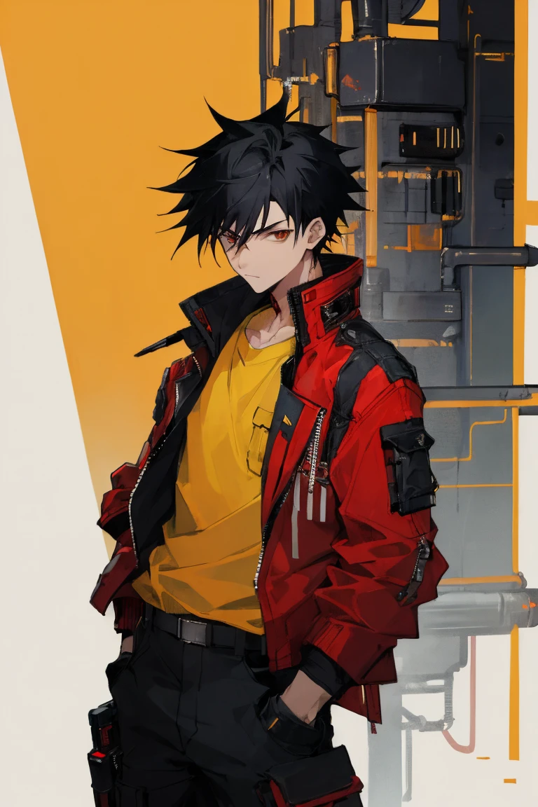((highest quality)), ((masterpiece)), (be familiar with), 1 male, alone, Black Hair,Spiky Hair,cargo pants,Red jacket,Yellow Shirt,Large,Fingerless Gloves, cyber punk,SF,