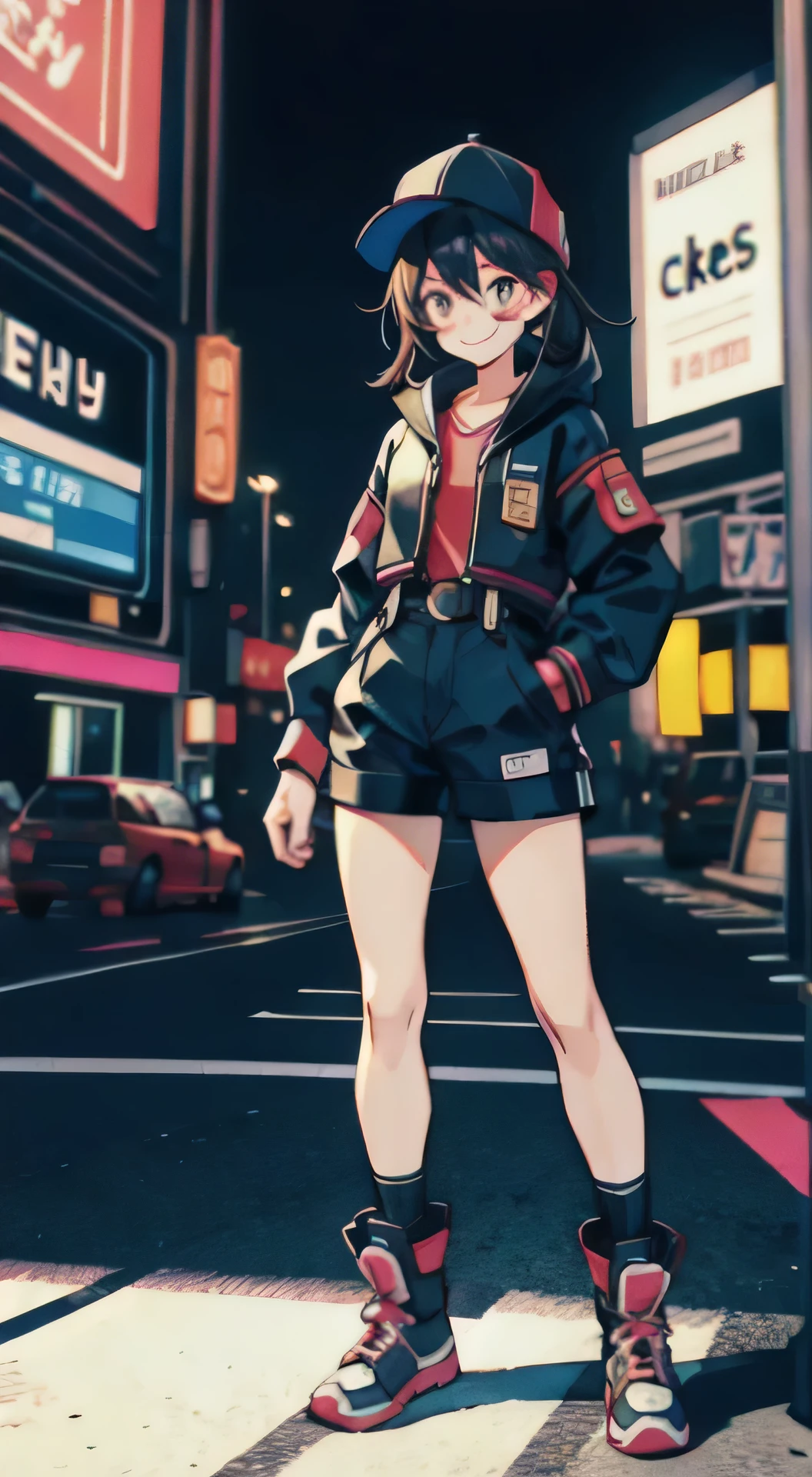 A girl in street fashion smiling in a neon city at night