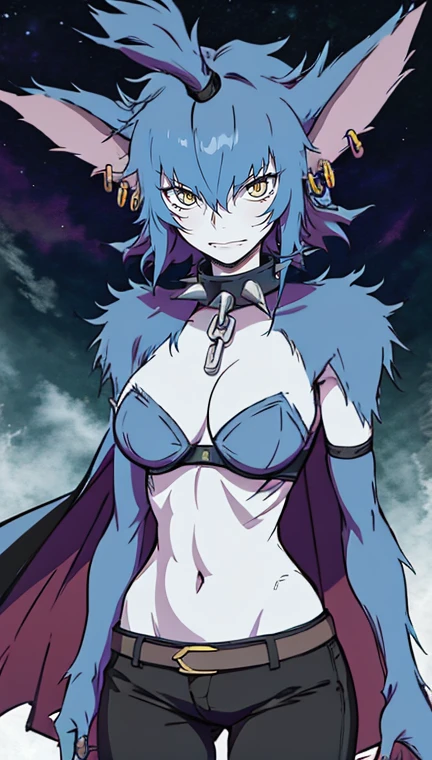 Wolfie, solo, girl1, looking at viewer, leather pant, cloak, hood, serious look, gloves, standing, detailed eyes, detailed face, long ears, earrings, spike caller, sharp teeth, furry shoulders, furry arms, best quality, perfect quality, masterpiece