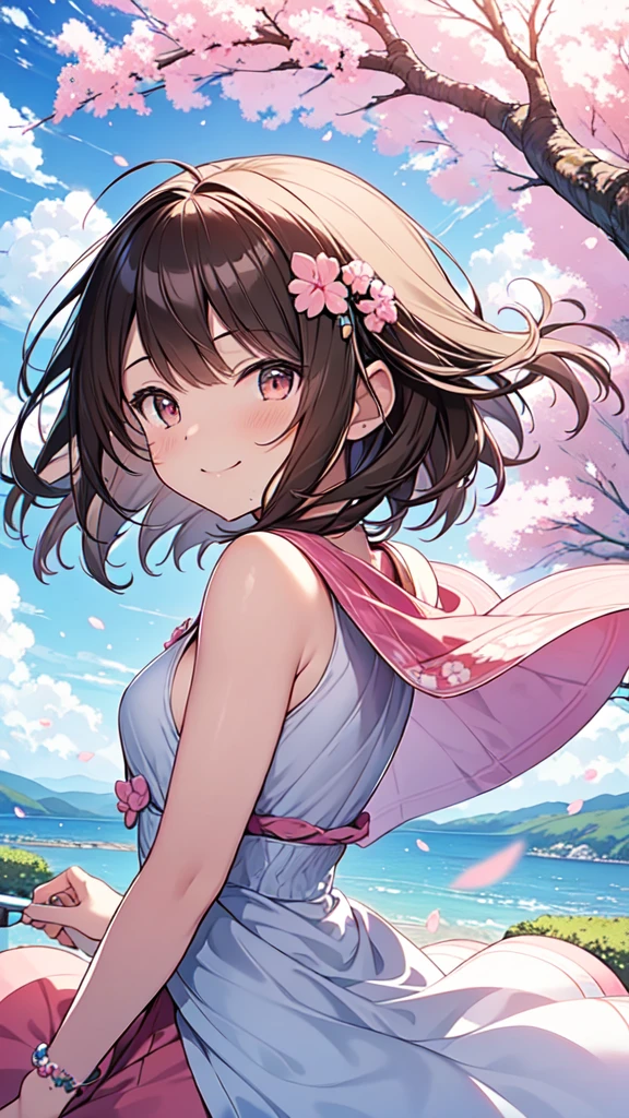 highest quality, masterpiece, Ultra-high resolution, 8k,Spring Sky,,((Pink spring outfit)),Show anime style , One, Soft Line Art, Digital Enhancement, shojo anime touch, shojo manga core, Flowing fabric, close, Soft Drawing, Ultra-Definition Digital Anime Art, Clear facial depiction, Super detailed girl cartoon character art, Ultra-detailed manga style, highest qualityの色,
(Short brown hair), Wet Hair,Staring at us from the front,Beautiful brown hair, Clear brown eyes, Slightly chubby,Small breasts,The butt is small,(((Teasing Smile))),Hands,Landscape with nature,Somei-Yoshino cherry blossoms in full bloom,Petals fluttering in the wind,There are some petals in her hair too.,Look up at the sky,Angle that allows you to see all the way to your feet