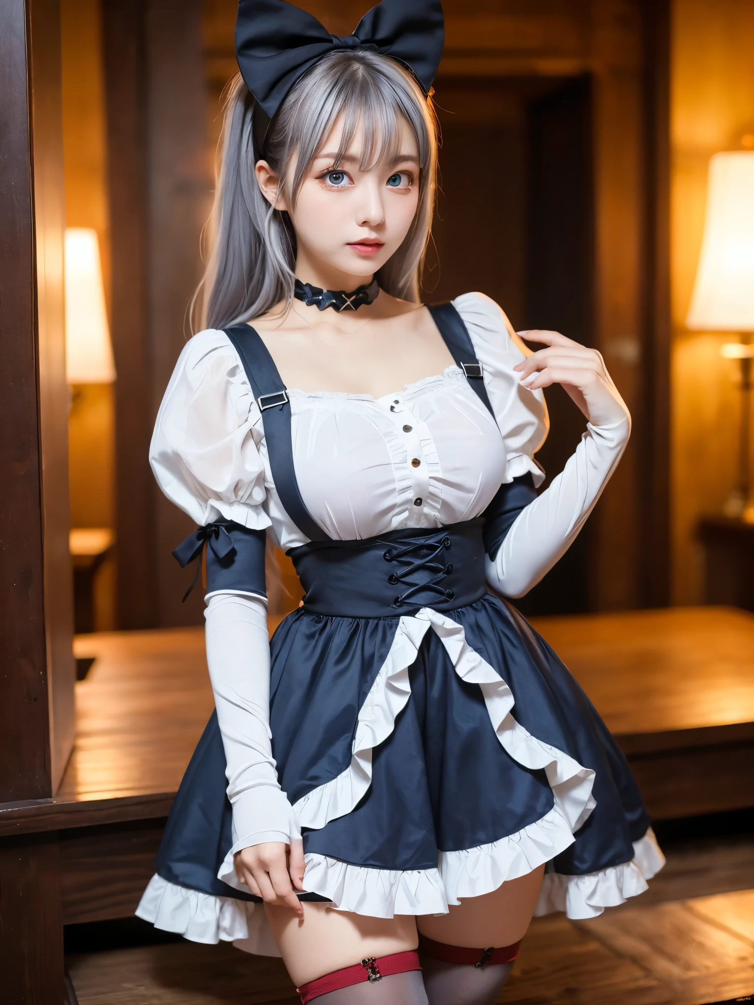 (((masterpiece))), (((highest quality: 1.4))), ((Very detailed: 1.4)) , ulzzang-6500-v1.1, (RAW Photos:1.2), (Realistic), (See through:1.3), (masterpiece), (masterpiece). (Genuine:1.4), Very detailed, Sharp focus, Tensura:Luminous-Valentine、One beautiful woman, ((Beautiful and shiny silver hair、Detailed face、(Heterochromia iridis:1.4, Red eyes, blue eyes,), Gothic ta Maid Clothing、Knee-high stockings、