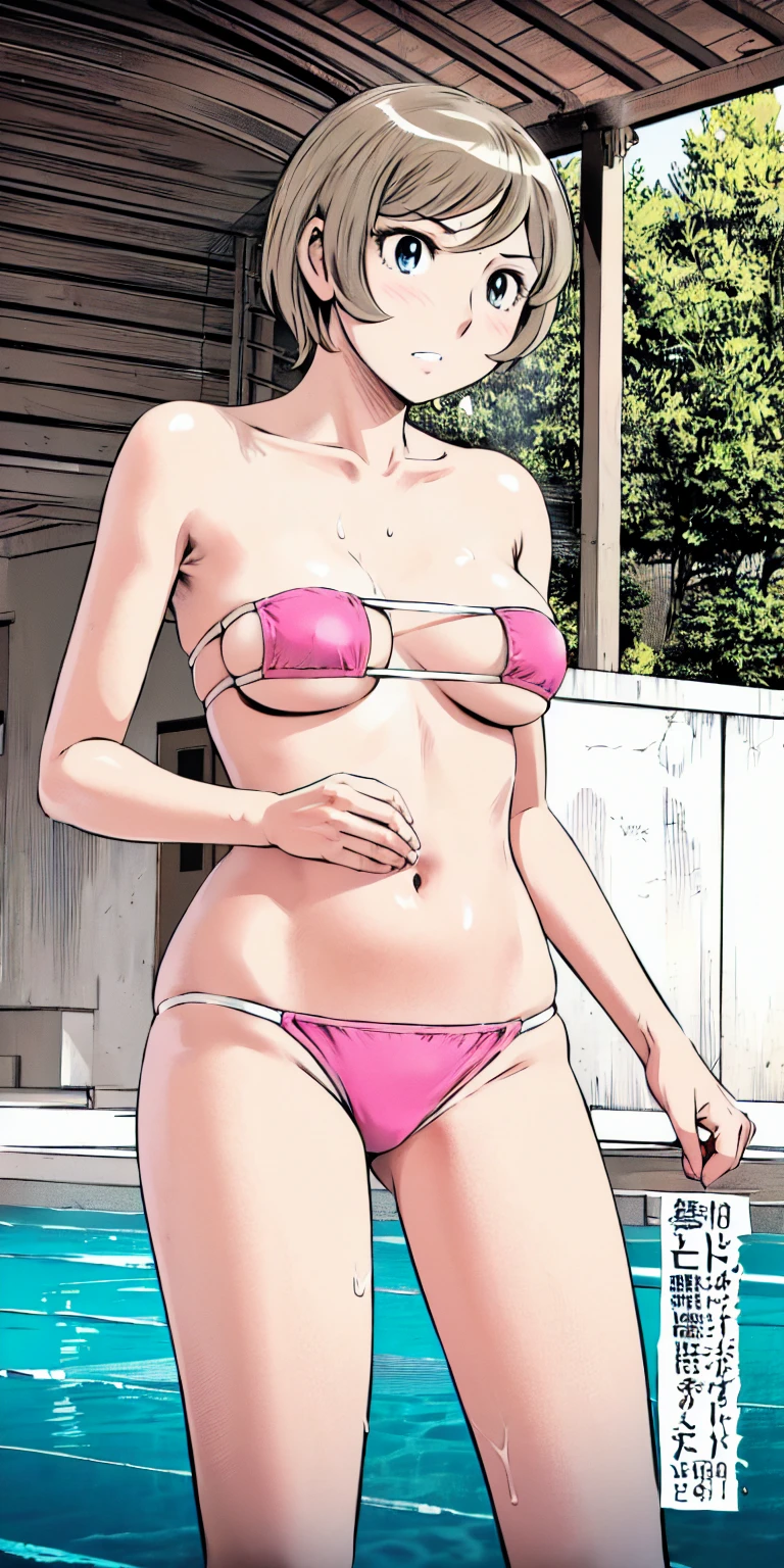 Black Micro Bikini、(masterpiece、Highest quality)、Highest quality, Ultra-high resolution, (((masterpiece))), alone, Sweat、Big eyes, Composition from the front、Shortcuts、Embarrassed face、Blonde Hair、Cut your hair short、School swimming pool、short hair、、((Browsing Caution、Exposing her ass、Backwards))