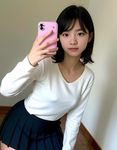 (((photo realistic))),((raw photo)),pixie cut hair,white long sleeve T-shirt,(school uniform skirt),analog rough photo of a Beautiful 14 year old Japanese female,(in the simple room),((flat chest)),((almond eyes)),highly detailed face,close legs,selfie from below, A photo with very low contrast,blurry background,closed legs,kneeling