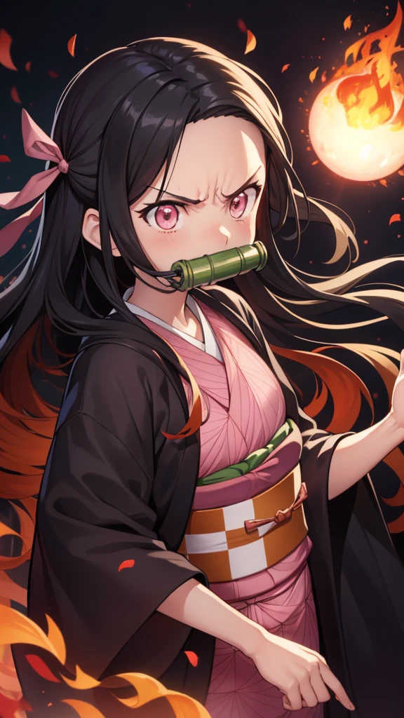 (((masterpiece))), nezuko, 1girl, bamboo, bit gag, brown hair, checkered sash, gag, gagged, gradient hair, hair ribbon, haori, japanese clothes, kimono, long hair, looking at viewer, multicolored hair, orange hair, pink eyes, pink kimono, pink ribbon, ribbon, solo, upper body,  