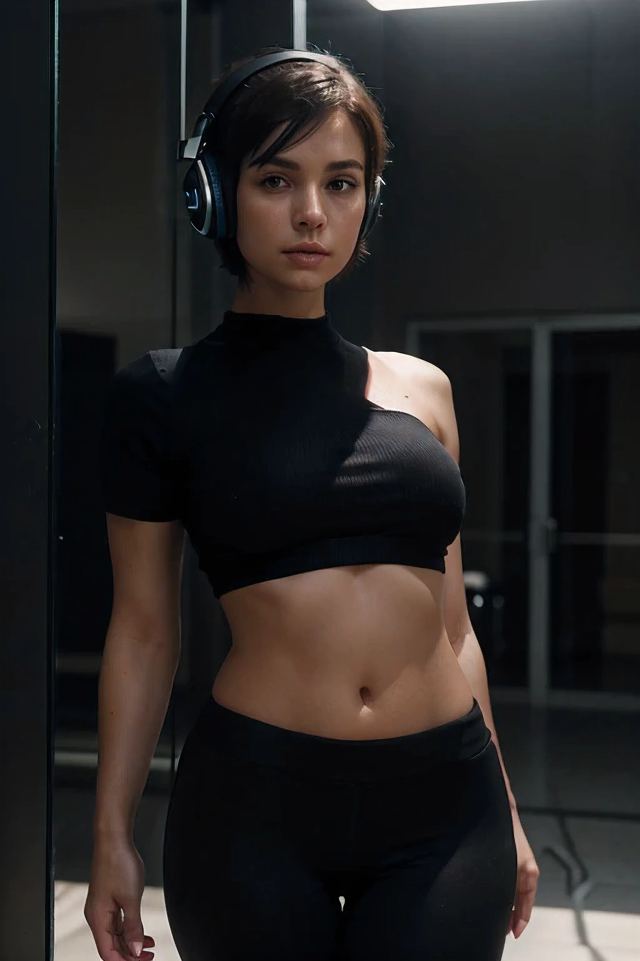 Short hair, Tight-fitting black top:1.2, looking at viewer, R Cinematic Lighting, Perfect, soft lighting, High-resolution skins:1.2, realistic skin texture, realistic face, lean girl, headphone:1.2