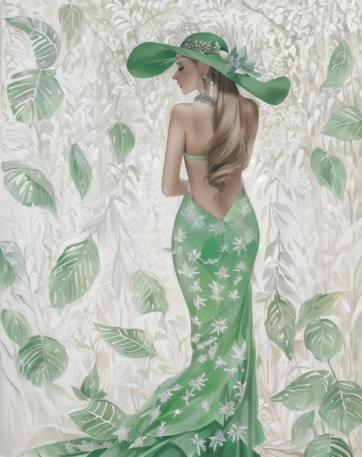 painting of a woman in a dress and hat with leaves, elegant lady, elegant woman, inspired by Alexander Deyneka, inspired by Mikhail Vrubel, inspired by Olga Rozanova, elegant and refined painting, inspired by Nadya Rusheva, woman with hat, figurative art, by Alexander Deyneka, elegant girl, dress of leaves, figurative painting