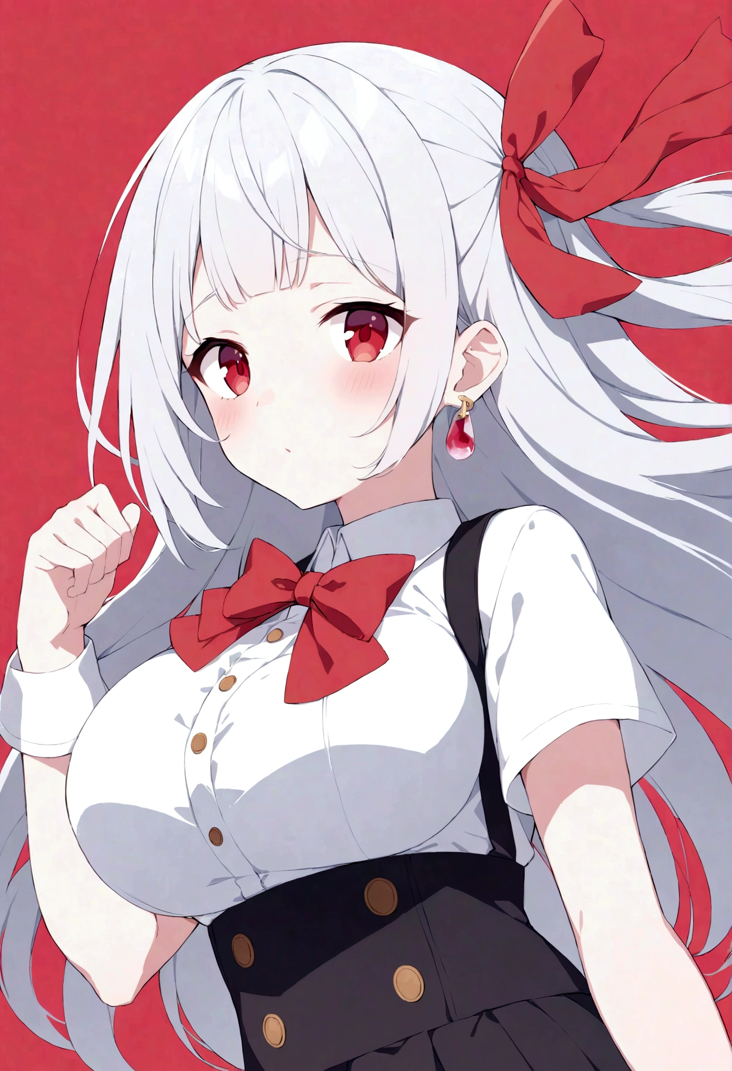 (quality,pixiv,
vinegar,1 Girl,Solitary,earrings,Jewelry,Red Eyes,Red background,breast,Ribbon,long hair,looking at the audience,hair Ribbon,Simple background,like \(destiny\),Ma Kirito Sakura,Bangs,large breast,Short sleeve,black skirt,red Ribbon,transparent,Shut up,skirt,Gray hair,white hair,Puff sleeves,Buttons,red bow,bow,
