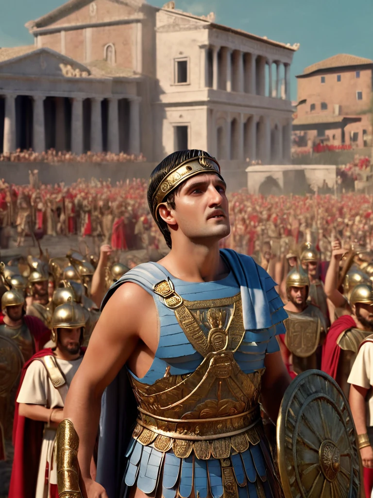 epic scene of a Roman emperor, triumphant procession, crowd standing by both sides, waving to the crowd, giving instructions to his subjects, Ancient Roman temple scene in the background, intricate details, ultra HD, powerful, photorealistic, extreme details, 8k.