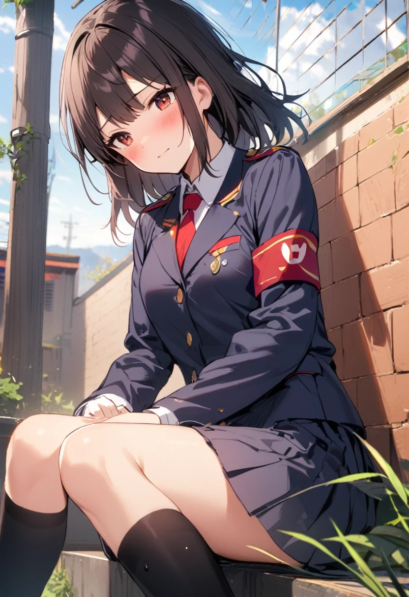 1 Girl,((Uniforms)), blush,A faint smile, sit,outdoor,