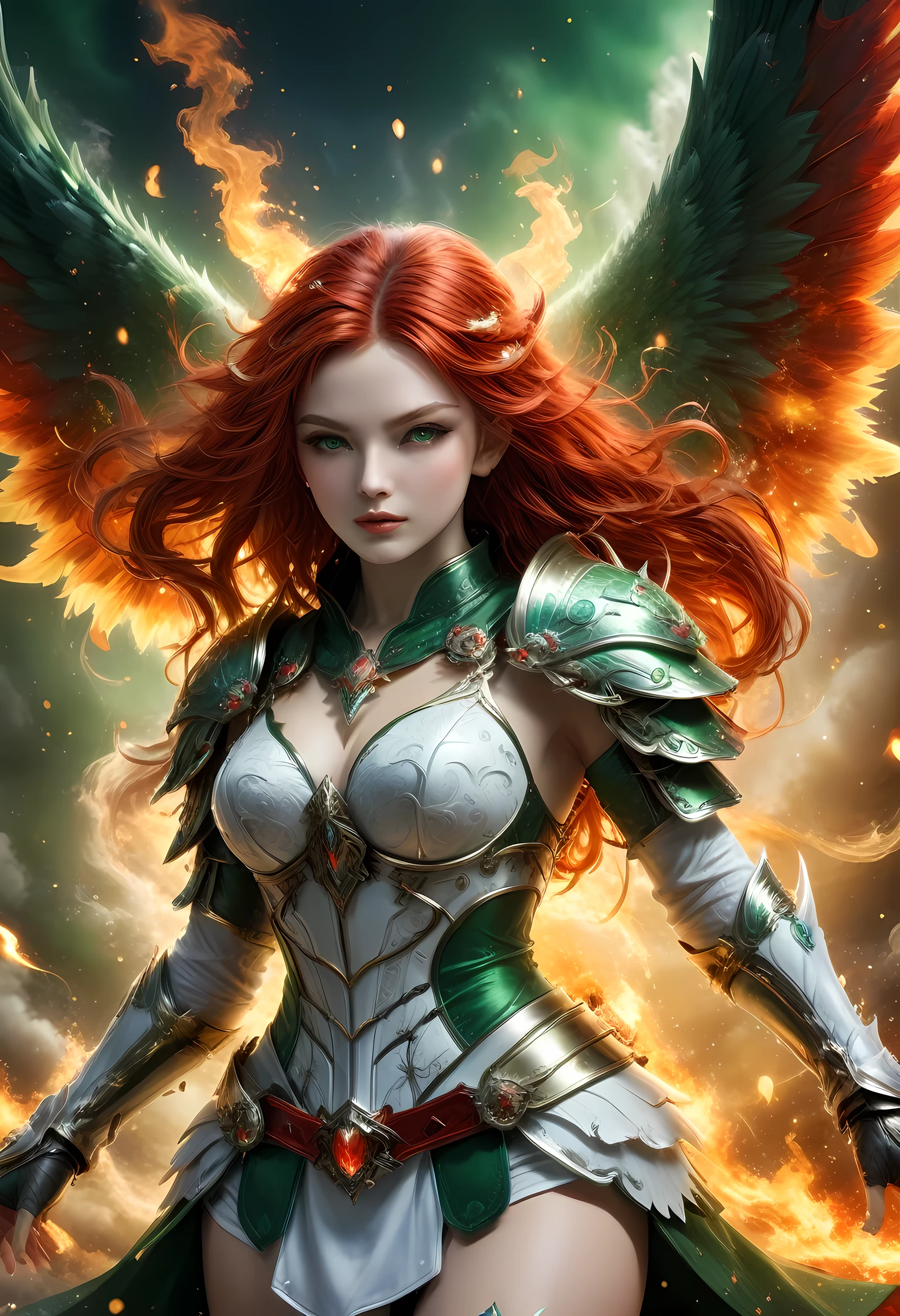 16k, ultra detailed, masterpiece, best quality, (extremely detailed), arafed, dnd art, panoramic view, full body, aasimar, female, (Masterpieceת intense details:1.3), female, sorceress, casting flaming spell(Masterpieceת intense details:1.3) large feathered wings,(azure: 1.3) angelic wings spread (Masterpieceת intense details:1.3), fantasy magical heaven background (Masterpieceת intense details:1.3), moon, stars, clouds, wearing white armor (Masterpieceת intense details:1.3), high heeled boots (Masterpieceת intense details:1.3), armed with staff, (red hair: 1.4), (green eyes: 1.4), intense eyes, ultra feminine, ultra detailed face, (Masterpieceת intense details:1.5), (anatomically correct: 1.5), determined face, divine light, cinematic lighting, soft light, silhouette, photorealism, panoramic view ((Masterpieceת intense details:1.3) , Wide-Angle, Ultra-Wide Angle, 16k, highres, best quality, faize, 3D rendering