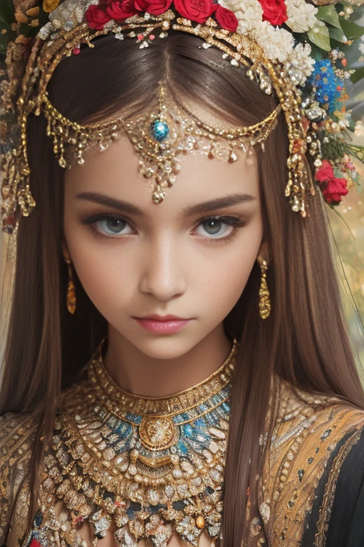 An ultra-detailed, highly stylized illustration of one half body portrait of a stunning Slavic woman. The woman displays classic Slavic features with a subtle yet captivating beauty, her eyes reflecting both strength and gentleness. She is depicted in a neutral atmosphere with balanced, soft lighting that enhances the intricate details of her attire and jewelry. The image takes inspiration from the artistic styles of Sidney Nolan and Affandi, combining Nolan's distinctive outlines with Affandi's expressive, textured brushstrokes. The use of a full-color palette is emphasized, with rich, vibrant colors blending harmoniously to create an exquisite and lifelike portrayal.