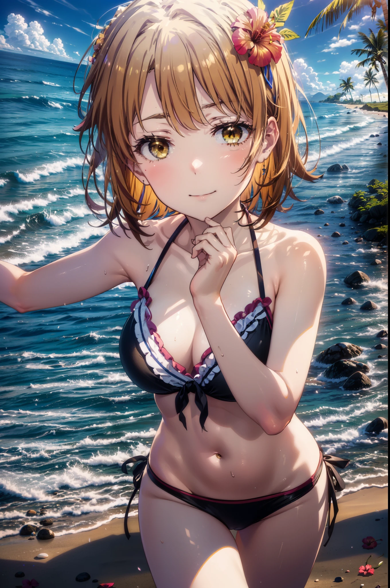 irohaisshiki, iroha isshiki, short hair, Brown Hair, (Brown eyes:1.5), smile,Yellow bikini swimsuit,Hibiscus hair accessory,barefoot,Big straw hat,Palm tree,Clear skies,whole bodyがイラストに入るように,Walking,
break outdoors, Beach,Sandy Beach,
break looking at viewer,whole body,(Cowboy Shot:1. 5)
break (masterpiece:1.2), highest quality, High resolution, unity 8k wallpaper, (figure:0.8), (Beautiful fine details:1.6), Highly detailed face, Perfect lighting, Highly detailed CG, (Perfect hands, Perfect Anatomy),