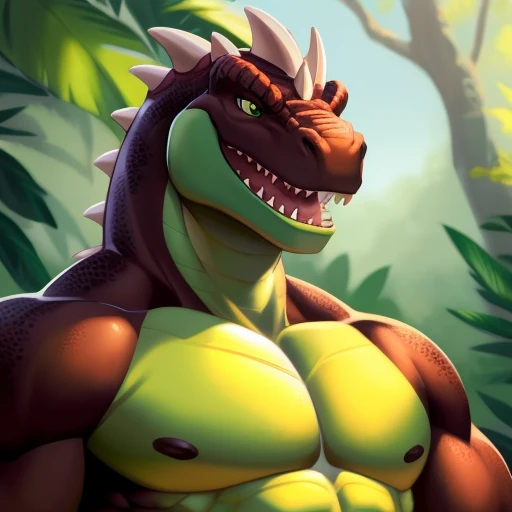 male, anthropomorphic dinosaur (cute dinosaur), whole body, muscular build, playful expression, soft brown fur, green scale texture, intricately detailed, Highest quality rendering, Bright and colorful environment, Just pose, looking directly at the viewer, Detailed face with expressive eyes, realistic and vivid, Art Station Trends, Writer: ArtisticallyWilde, Writer: DinosaurWhisperer, Writer: LithoDragon, Writer: babarwolf