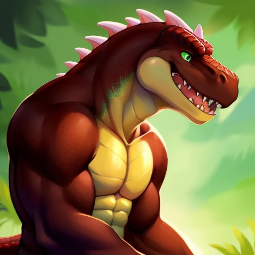 Male, anthropomorphic dinosaur (Dinnosauro fofo), full body, muscular build, playful expression, soft brown fur, green scaled texture, intricately detailed, highest quality rendering, bright and colorful environment, solo pose, looking directly at viewer, , big , hiding , detailed face with expressive eyes, realistic and lifelike, trending on ArtStation, by ArtisticallyWilde, by DinosaurWhisperer, by LithoDragon.