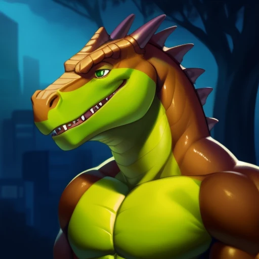 male, anthropomorphic dinosaur (cute dinosaur), whole body, muscular build, playful expression, soft brown fur, green scale texture, intricately detailed, Highest quality rendering, Bright and colorful environment, Just pose, looking directly at the viewer, Detailed face with expressive eyes, realistic and vivid, Art Station Trends, Writer: ArtisticallyWilde, Writer: DinosaurWhisperer, Writer: LithoDragon, Writer: babarwolf