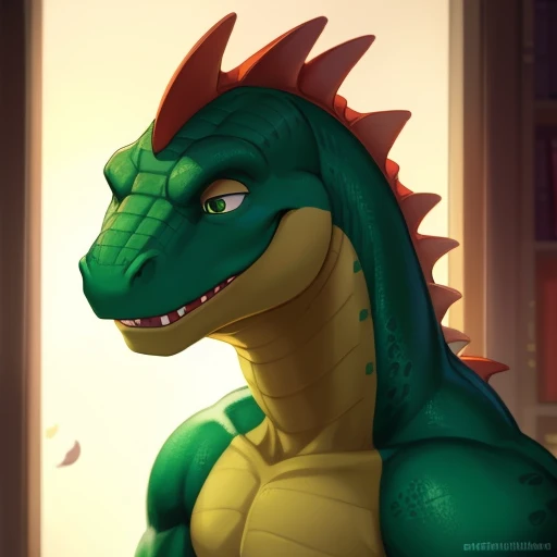 male, anthropomorphic dinosaur (cute dinosaur), whole body, muscular build, playful expression, soft brown fur, green scale texture, intricately detailed, Highest quality rendering, Bright and colorful environment, Just pose, looking directly at the viewer, Detailed face with expressive eyes, realistic and vivid, Art Station Trends, Writer: ArtisticallyWilde, Writer: DinosaurWhisperer, Writer: LithoDragon, Writer: babarwolf