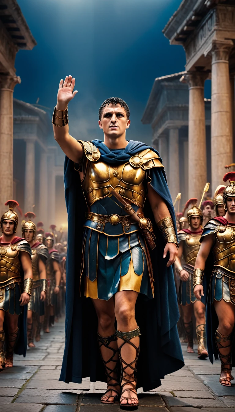 Cinematic style, epic scene of a Roman emperor, triumphant procession, crowd standing by both sides, waving to the crowd, giving instructions to his subjects, Ancient Roman temple scene in the background, background dark, hyper realistic, ultra detailed hyper realistic, photorealistic, Studio Lighting, reflections, dynamic pose, Cinematic, Color Grading, Photography, Shot on 50mm lens, Ultra-Wide Angle, Depth of Field, hyper-detailed, beautifully color, 8k, golden light from the front,