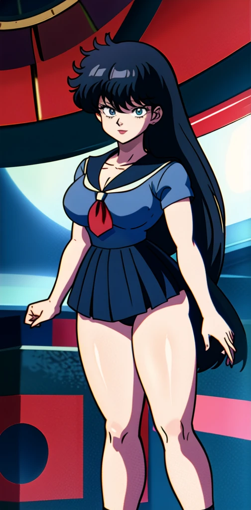 (anime,8k,best quality, masterpiece:1.2),((ultra-detailed,detailed beautiful girl:1.4)),1 girl,full body shot, Anime ,(face),beautiful eyes,sidetale,kodachi kuno,black hair,smile,posing,Long legs,Hourglass Shape,Short sleeve,Navy blue mini skirt,white Sailor suit,white Knee-high socks,Big Breasts,Red tie,1990s,Muscular thighs