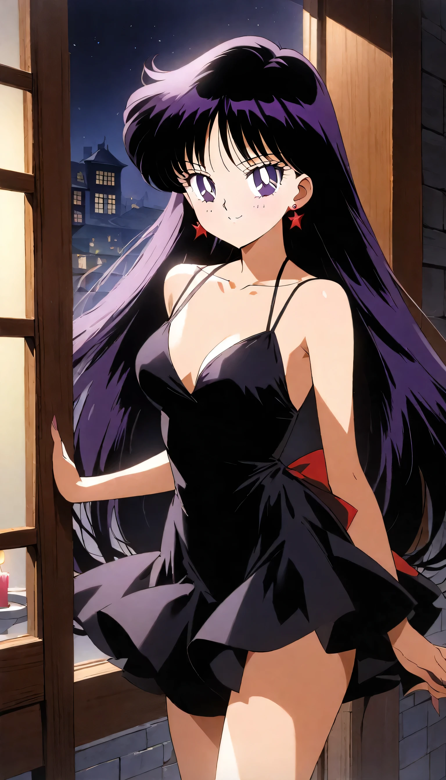aamars, very long hair, black hair, parted bangs, purple eyes, 1990s \(style\), 1 girl, solo, Best quality, masterpiece, High Definition, a red and black flamenco dress, collarbone, dancing in the street at night, candle lights on the windowsill, black high heels, cowboy shot, medium breast, smile,