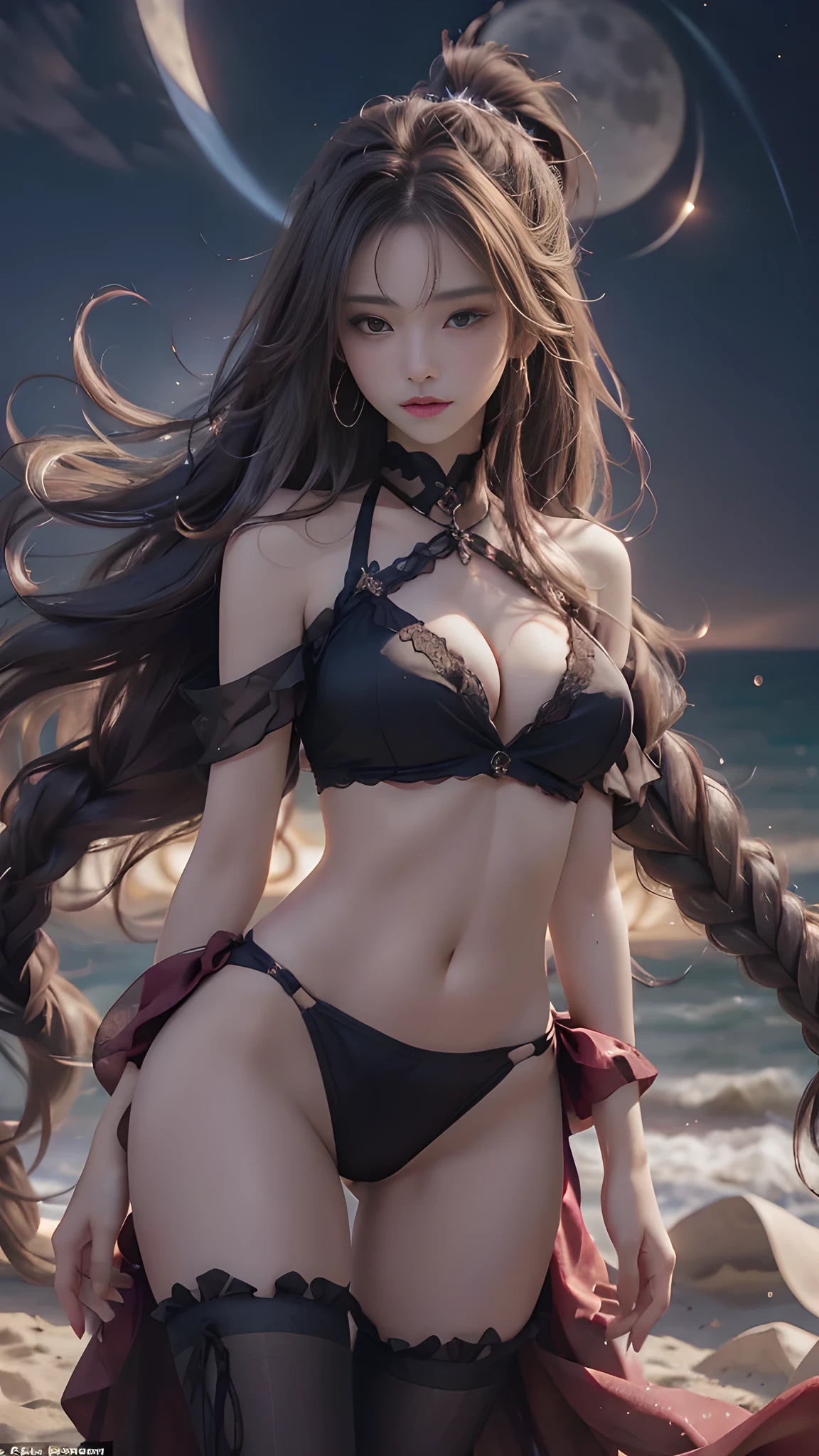 full hd 8k, Girl standing in front of a dark night scene, full moonlight reflecting on her beautiful face. Her long, silky hair was gently blown by the night wind, creating a gentle and romantic feeling. She is walking on a large beach. She looked up at the starry sky, as if searching for something, her eyes showing a pensive and lonely look. The full moon shines in the night sky creating a beautiful scene. The girl has long, silky hair, creating a luxurious and noble beauty. The moonlight shines on the girl's delicate face, highlighting her large, round light brown eyes, creating a natural, gentle beauty. She wore a little sexyly red bikini to create a sexy beauty. Her plumble breasts were exposed, revealing her plumble and extremely sexy breasts. These images capture detailed panoramic portraits and views of the sky and sea. All create a beautiful, wonderful picture that makes people unable to take their eyes off the scene. All of these details are depicted clearly and sharply, creating sexyly poses,