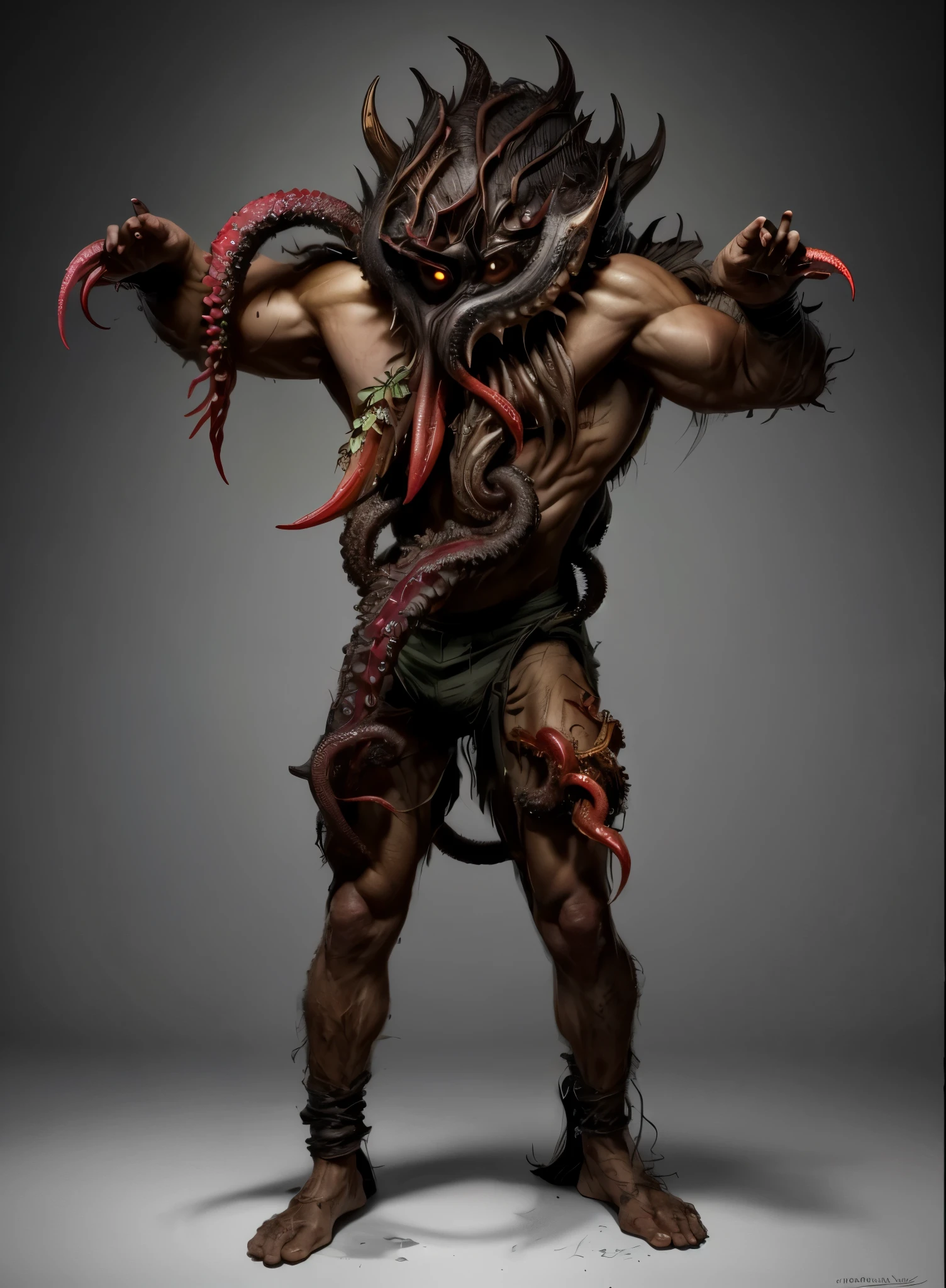 whole body、Please raise your arms high、Sharp Claws、expensive、expensive、obesity、always Bloody、Bloody、Bloody、Best image quality、masterpiece、8k、odd number、strongest、Brutal、monster、killer ghost、Wrestler、Large build、Face of fear、octopus怪人、octopus、Tentacles、suction cup、8k,1 red skinned goblin,Highly detailed fantasy characters、Humanoid organisms、creature concept art、concept creature character art、超リアルなファンタジーmonster,Surreal,Real Skin,Realistic texture,