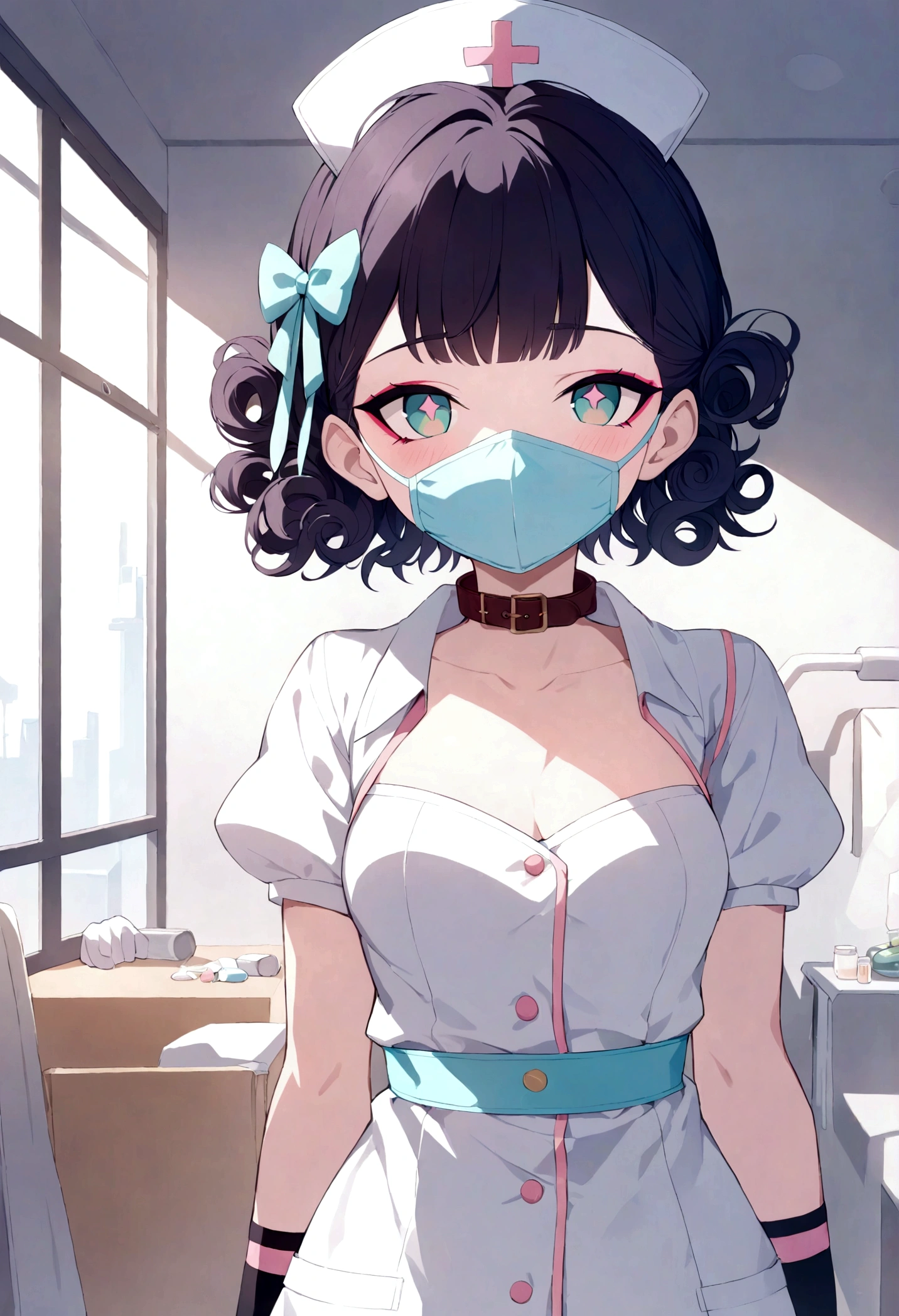 (League of Legends female character, League of Superheroes art style), Female nurse fairy, ((Perfect quality doll clothing, Unbuttoned clothes, ribbon on hair, Cute gloves, collar, Face mask, Nurse hat )), ((Curly short hair style, random pupils, random makeup, slim body)), (Heavy Healing Aura, Sacred Effects), (masterpiece, A world of dreams, Super Resolution), Hospital Background