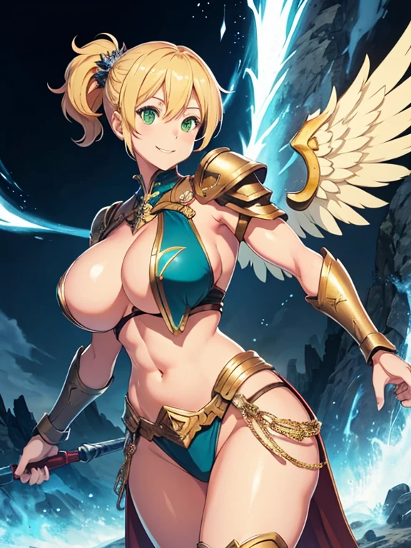 1 girl, game cg, valkyrie armor, green, angel wings, sideboob, under boob, belly button visible, thighs, loincloth, gigantic breasts, blonde, middle hair, side ponytail, green eyes, smile, magic attack , Rays of light, simple background, imposing and, Muscular body, Freyja