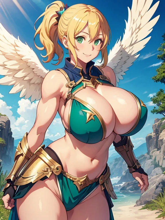 1 girl, game cg, valkyrie armor, green, angel wings, sideboob, under boob, belly button visible, thighs, loincloth, gigantic breasts, blonde, middle hair, side ponytail, green eyes, smile, magic attack , Rays of light, simple background, imposing and, Muscular body, Freyja