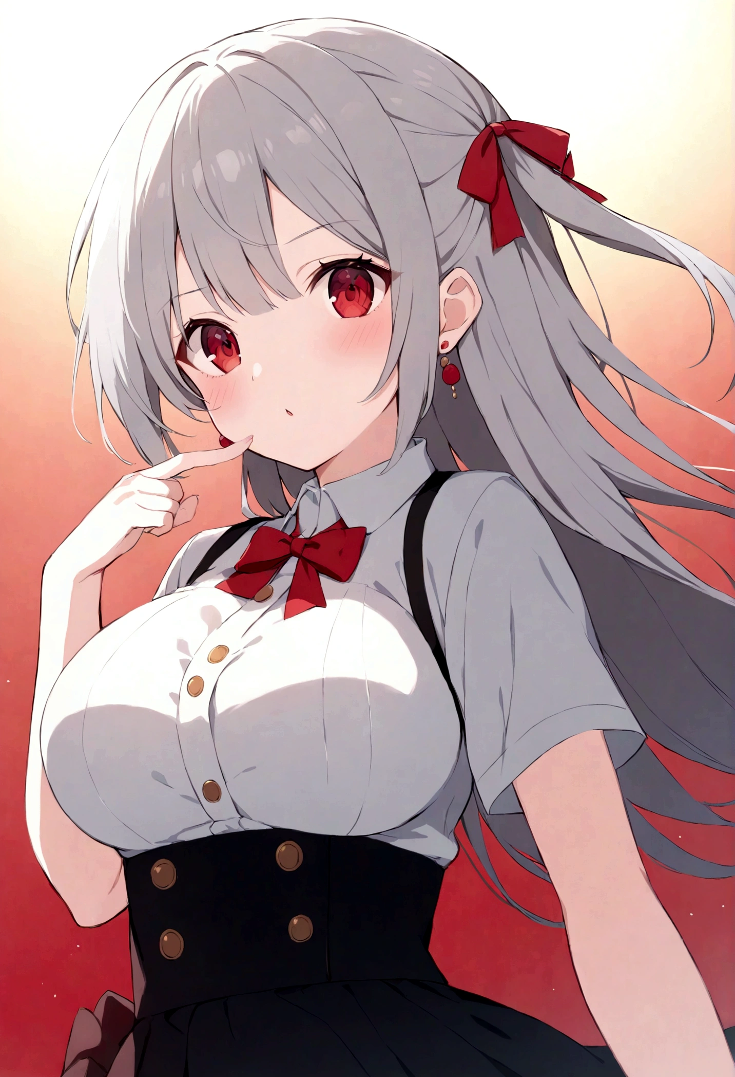 (quality,pixiv,
vinegar,1 Girl,Solitary,earrings,Jewelry,Red Eyes,Red background,breast,Ribbon,long hair,looking at the audience,hair Ribbon,Simple background,like \(destiny\),Ma Kirito Sakura,Bangs,large breast,Short sleeve,black skirt,red Ribbon,transparent,Shut up,skirt,Gray hair,white hair,Puff sleeves,Buttons,red bow,bow,