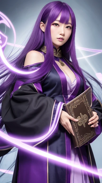 Murasaki Shikibu,Woman with purple hair,He is holding a spellbook in one hand and wearing purple clothes.,She's wearing a tight purple dress,whole body