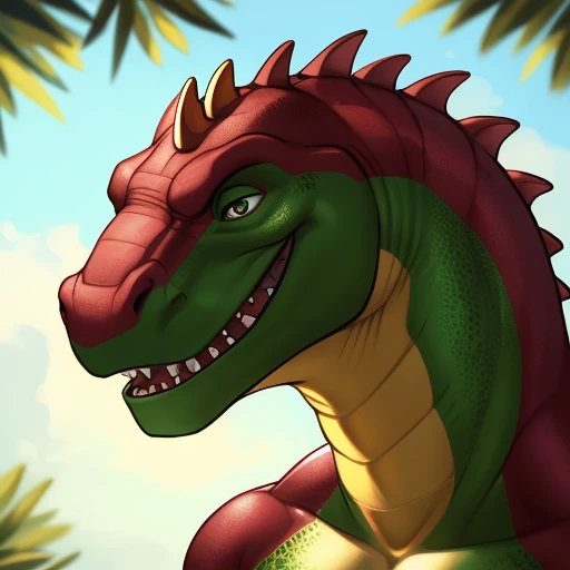 male, anthropomorphic dinosaur (cute dinosaur), whole body, muscular build, playful expression, soft brown fur, green scale texture, intricately detailed, Highest quality rendering, Bright and colorful environment, Just pose, looking directly at the viewer, Detailed face with expressive eyes, realistic and vivid, Art Station Trends, Writer: ArtisticallyWilde, Writer: DinosaurWhisperer, Writer: LithoDragon.