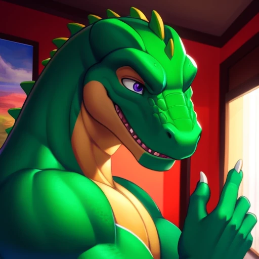 male, solo, alligator, full body, Delicate face, Delicate eyes, realistic, masterpiece, Ultra highest quality, unreal engine, trending on ArtStation, Intricate, Ultra High Detail, dramatic, realism, erection, thick cock, realistic, stitting, muscle, scalie, day, looking_at_viewer, Ultra detailed eyes, Ultra detailed body, Ultra detailed face, Ultra detailed cock, Ultra detailed balls, in glamrock dressing room, suggestive pose, expressive, masculine, erotic, devilish smirk) 8k HD, hdr, masterpiece, red mohawk, star sunglasses, crocodile tail, full body, detailed eyes, red eyes, glowing eyes, bara, beefy, star shaped shades, (by null-ghost,by darkgem,by pino daeni,by zoroj, by redrusker)