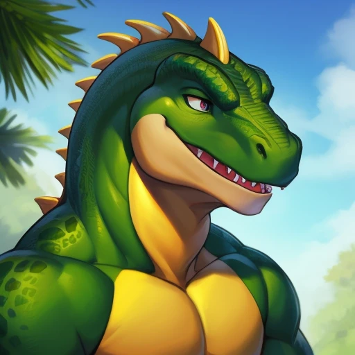 male, anthropomorphic dinosaur (cute dinosaur), whole body, muscular build, playful expression, soft brown fur, green scale texture, intricately detailed, Highest quality rendering, Bright and colorful environment, Just pose, looking directly at the viewer, Detailed face with expressive eyes, realistic and vivid, Art Station Trends, Writer: ArtisticallyWilde, Writer: DinosaurWhisperer, Writer: LithoDragon.