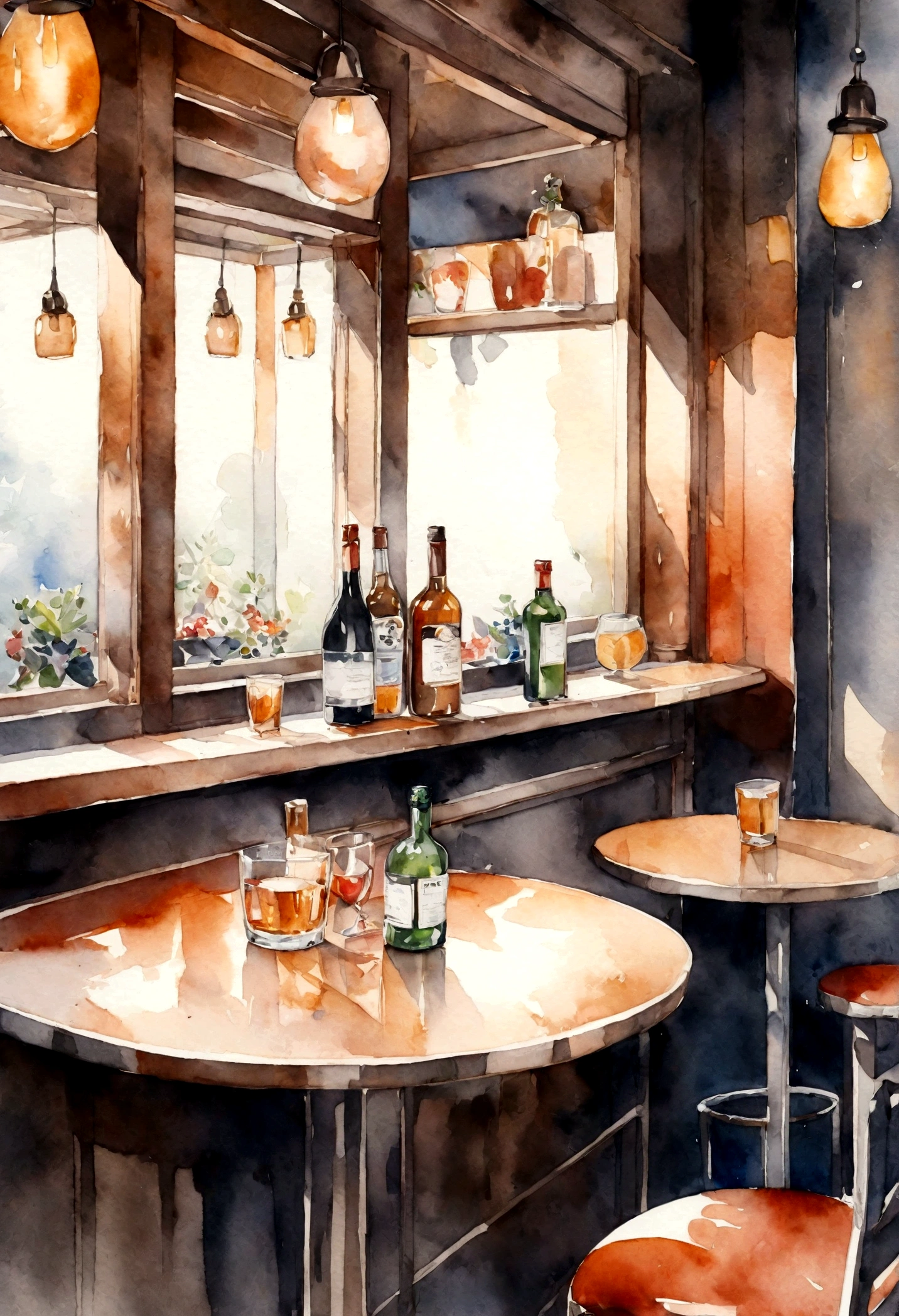 table in a small bar watercolor