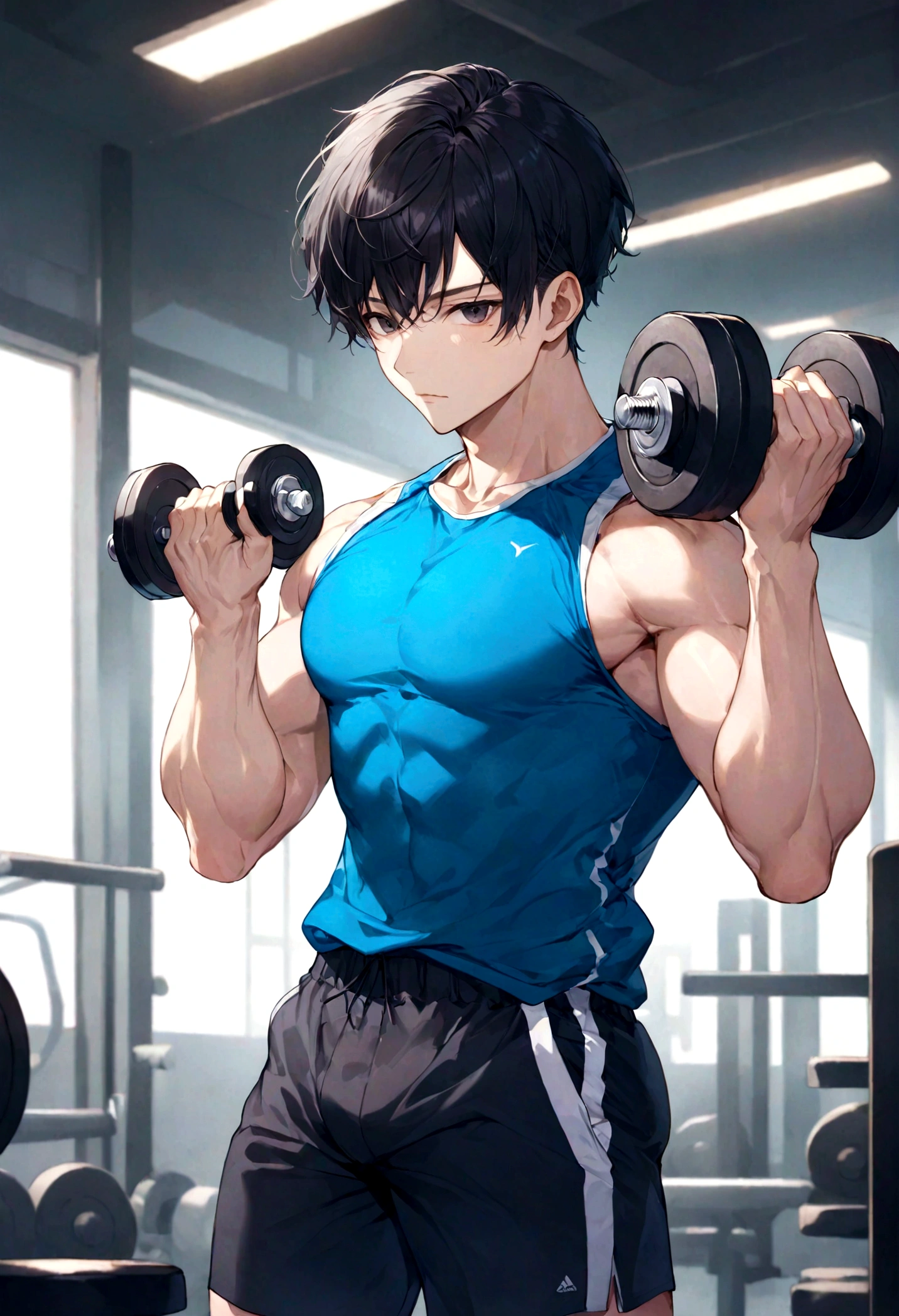 male people age 30s asian human short-haired Thin macho traning trainingwear Pants Style training gym is standing Dumbell Dumbbell curls