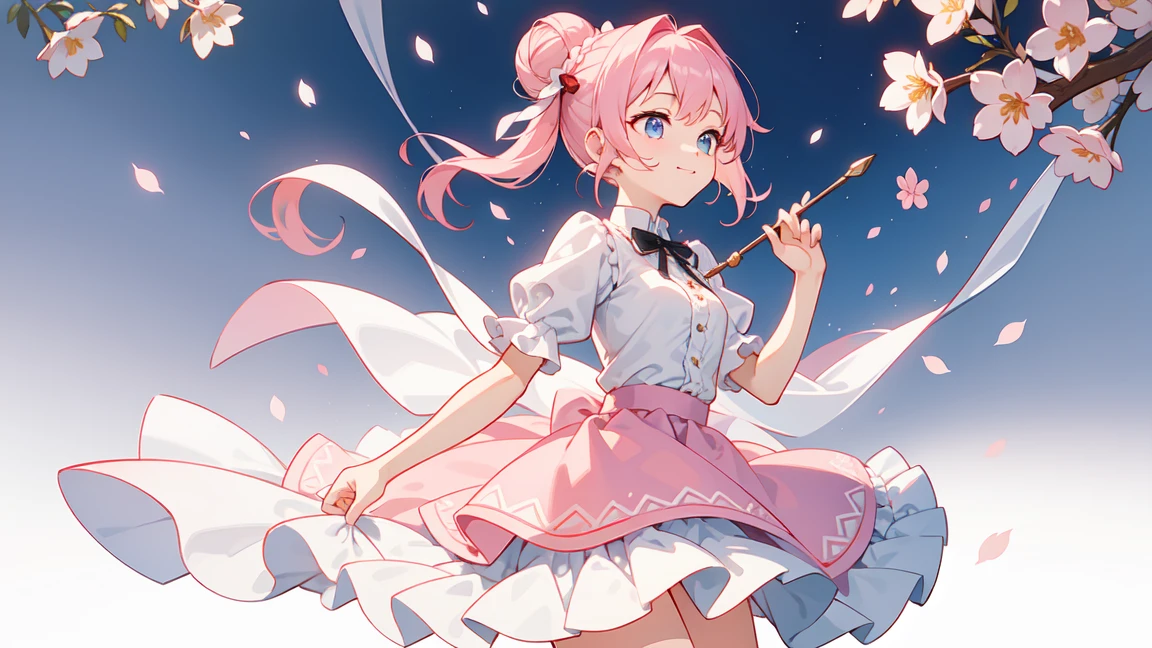 Magical girls with three different heights holding magic wands、Plain white with emphasis on the chestTshirt、You can see the chest from the neck、Ultramarine and white striped mini skirt、When you lift up her skirt you can see her cute pink frilly underwear.、A fluffy, white ruffled flared skirt、When she flipped her skirt up, she found cute red ruffled underwear、barefoot、classroom、