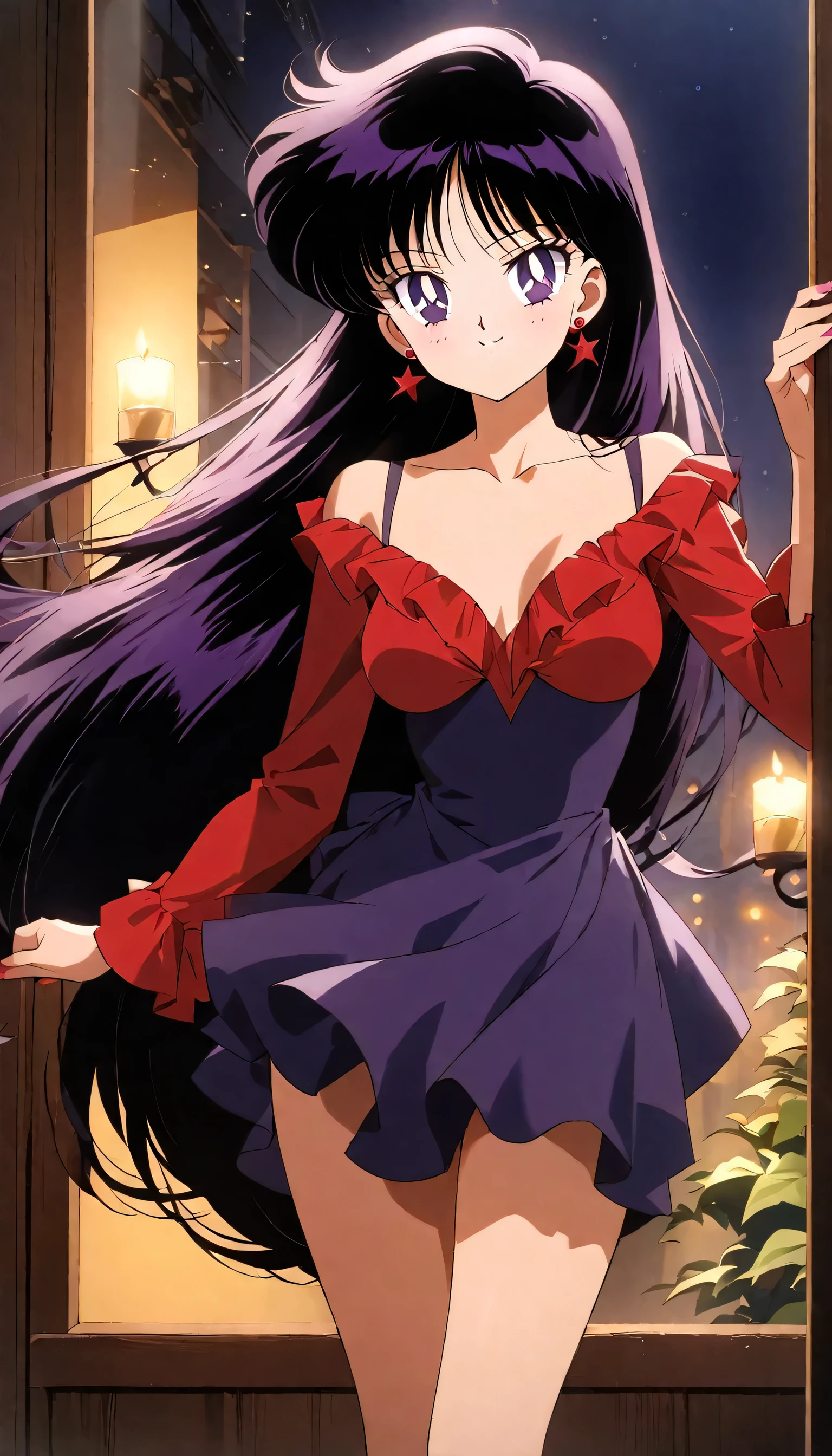 aamars, very long hair, black hair, parted bangs, purple eyes, 1990s \(style\), 1 girl, solo, Best quality, masterpiece, High Definition, a red long sleeve flamenco dress, collarbone, dancing in the street at night, candle lights on the windowsill, black high heels, cowboy shot, medium breast, smile,