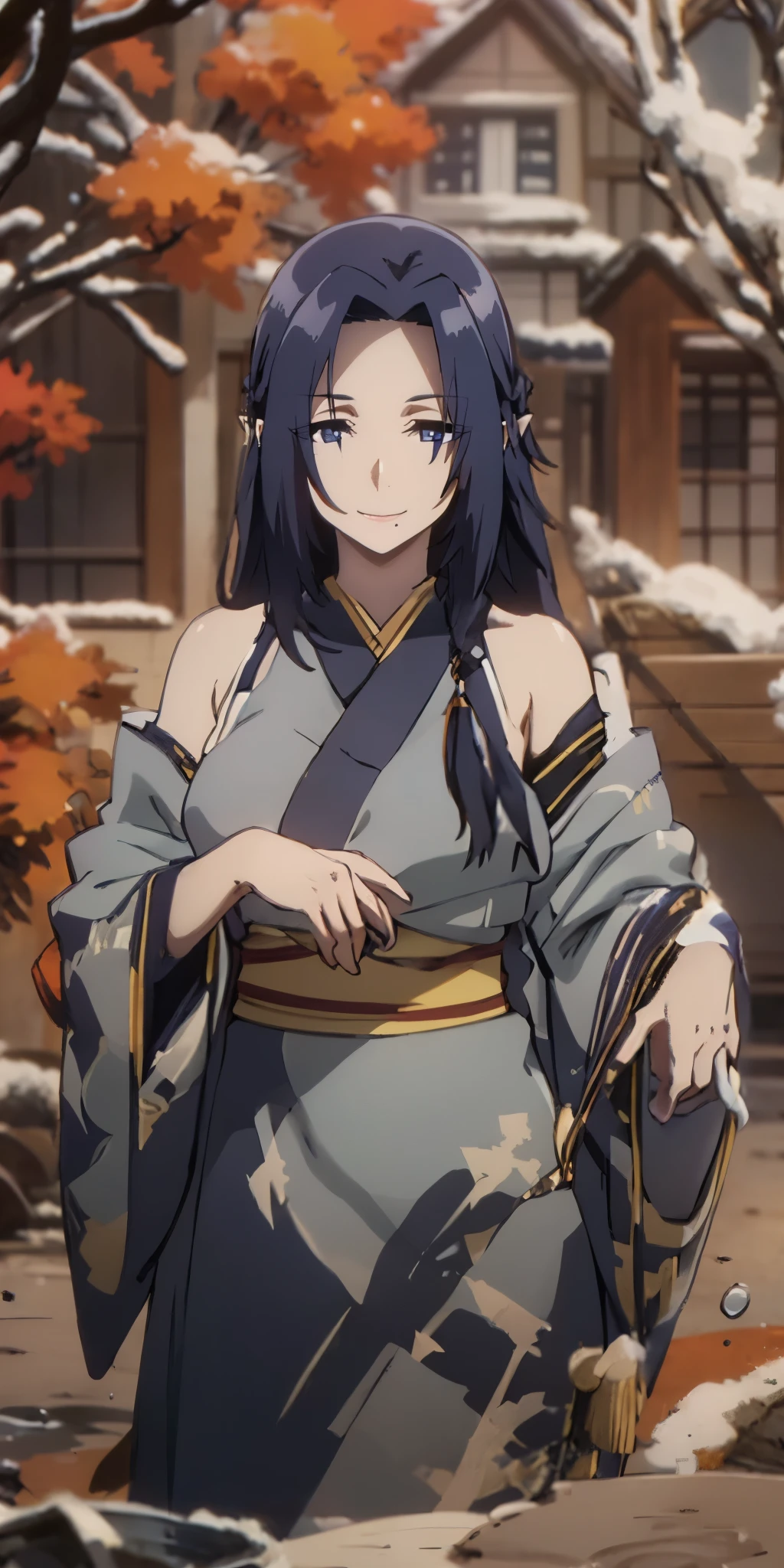 long hair, purple eyes, pointy ears, curvy, ((anatomically correct:1.3)), heavy breathing, huge breasts, japanese_clothes, solo, nature, bangs, outdoors, standing, forest, looking_at_viewer, water, blurry, male_focus, tree, wide_sleeves, hakama, blurry_foreground, water_drop, kimono, rock, long_sleeves, depth_of_field, black_hair, hollow eyes, dark-blue eyes, looking at viewer, seductive smile, glowing eyes