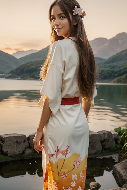 asuna, Obra de arte, melhor qualidade, detalhado, (1 garota), Sozinho, detalhado golden eyes, cabelo longo, standing, perto do visualizador, (detalhado kimono), sorriso leve, medium breasts,  (arms behind the back), Water, sunset, (hair ornament), (flor de sakura),  lago de montanha de neve ao fundo