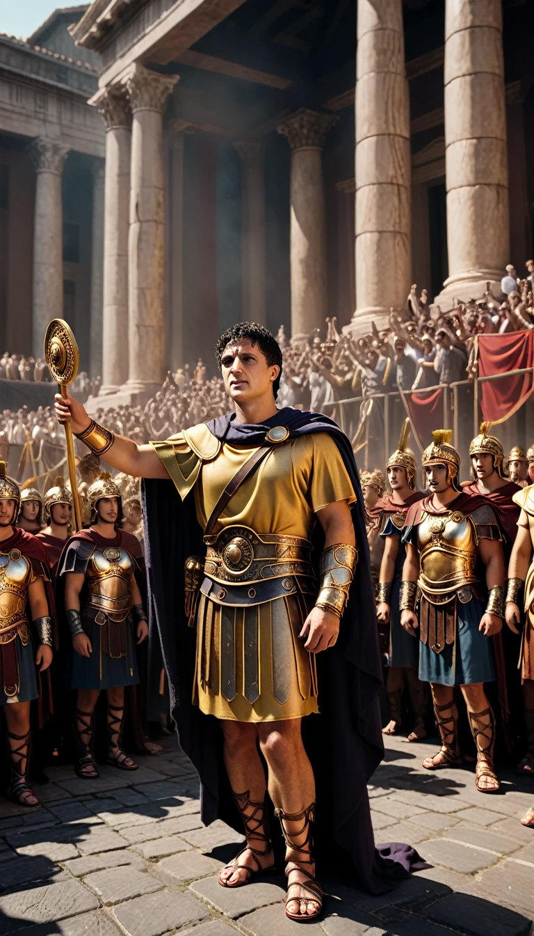 Cinematic style, epic scene of a Roman emperor, triumphant procession, crowd standing by both sides, waving to the crowd, giving instructions to his subjects, Ancient Roman temple scene in the background, background dark, hyper realistic, ultra detailed hyper realistic, photorealistic, Studio Lighting, reflections, Cinematic, Color Grading, Photography, Shot on 50mm lens, Ultra-Wide Angle, Depth of Field, hyper-detailed, beautifully color, 8k, golden light from the front,