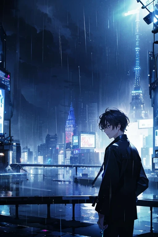 1boy,solo,cool,rainy,wet,dark sky,Thunder