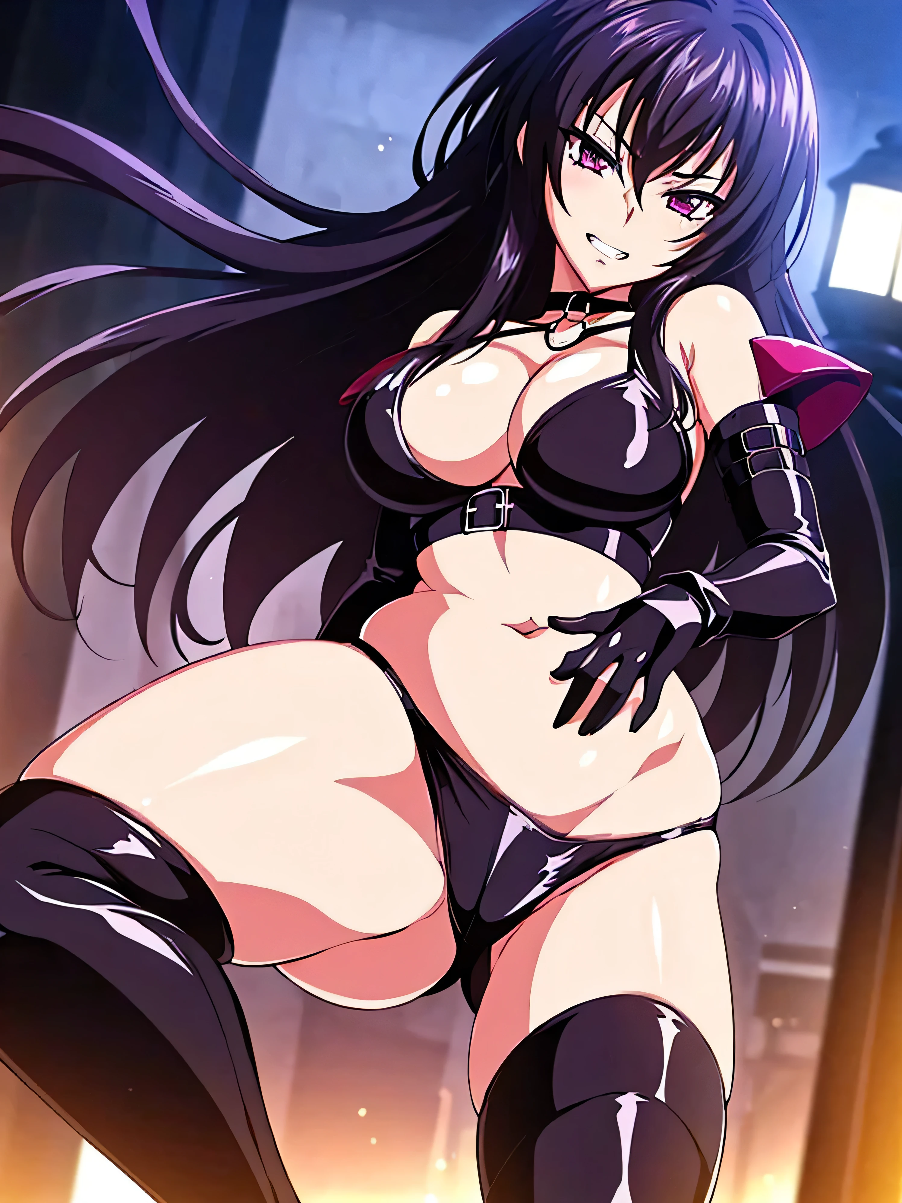 (night:1.7), , , collarbone,choker,black outfit,belly button, Torn_Clothes, Torn_Legwear,rock,collar, Pauldrons, High Leg,boots,Knee socks, purple_eye,,black_hair,very_length_hair,elbow_gloves, 1 girl, 20 years,Mature Woman,beautiful Finger,beautiful length legs,beautiful body,beautiful Nose,beautiful character design, perfect eye, perfect face, looking at the Viewer, (Innocent_big_eye:1.0),smile,evil_笑face,evil_face,Grin,View,, collarbone,choker,black outfit,belly button, Torn_Clothes, Torn_Legwear,rock,collar, Pauldrons, High Leg,boots,Knee socks, purple_eye,,black_hair,very_length_hair,elbow_gloves, 1 girl, 20 years,Mature Woman,beautiful Finger,beautiful length legs,beautiful body,beautiful Nose,beautiful character design, ,, looking at the Viewer, ,, ,Official Art,Highly detailed CG Unity 8k wallpaper, Perfect lighting,colorful, , (masterpiece:1.0),(Highest_quality:1.0), 超High resolution,4K,Very detailed, photo shoot, 8k, High resolution, High resolution, Confused:1.2, Kodak Portrait 400, Film Grain, Blurred Background, Bokeh:1.2, Lens flare, (Vibrant_color:1.2) (beautiful,big_chest:1.4), (beautiful_face:1.5),(narrow_Waist),alone,naughty face,(evil huge laugh:1.1),saded face,smile worst,