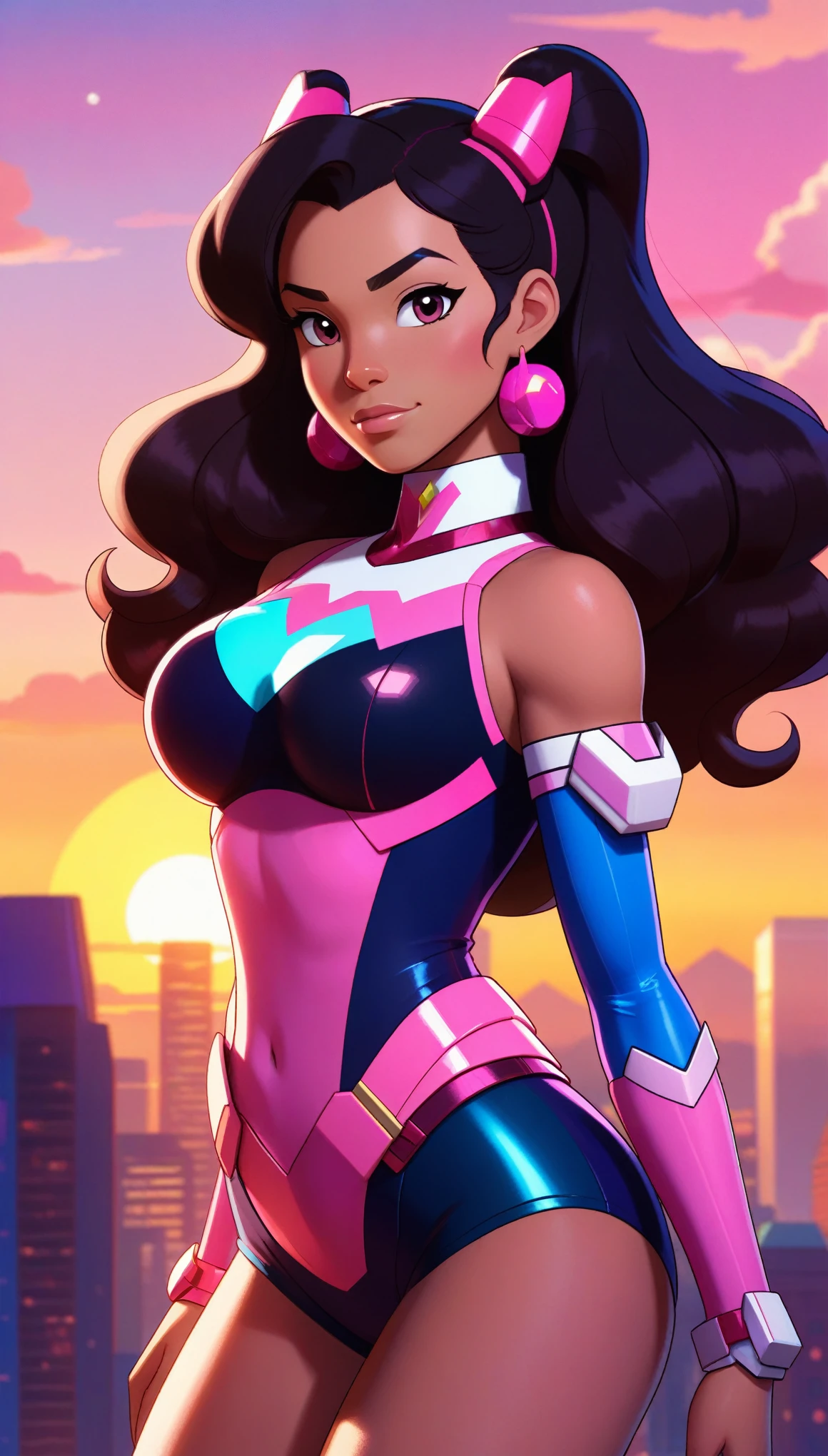 ((stevonnie steven universe and d.va merged:1.3)), merged, sexy, half body, metropolitan background, sunset, sexy attire, (high quality), (masterpiece), negative_hand