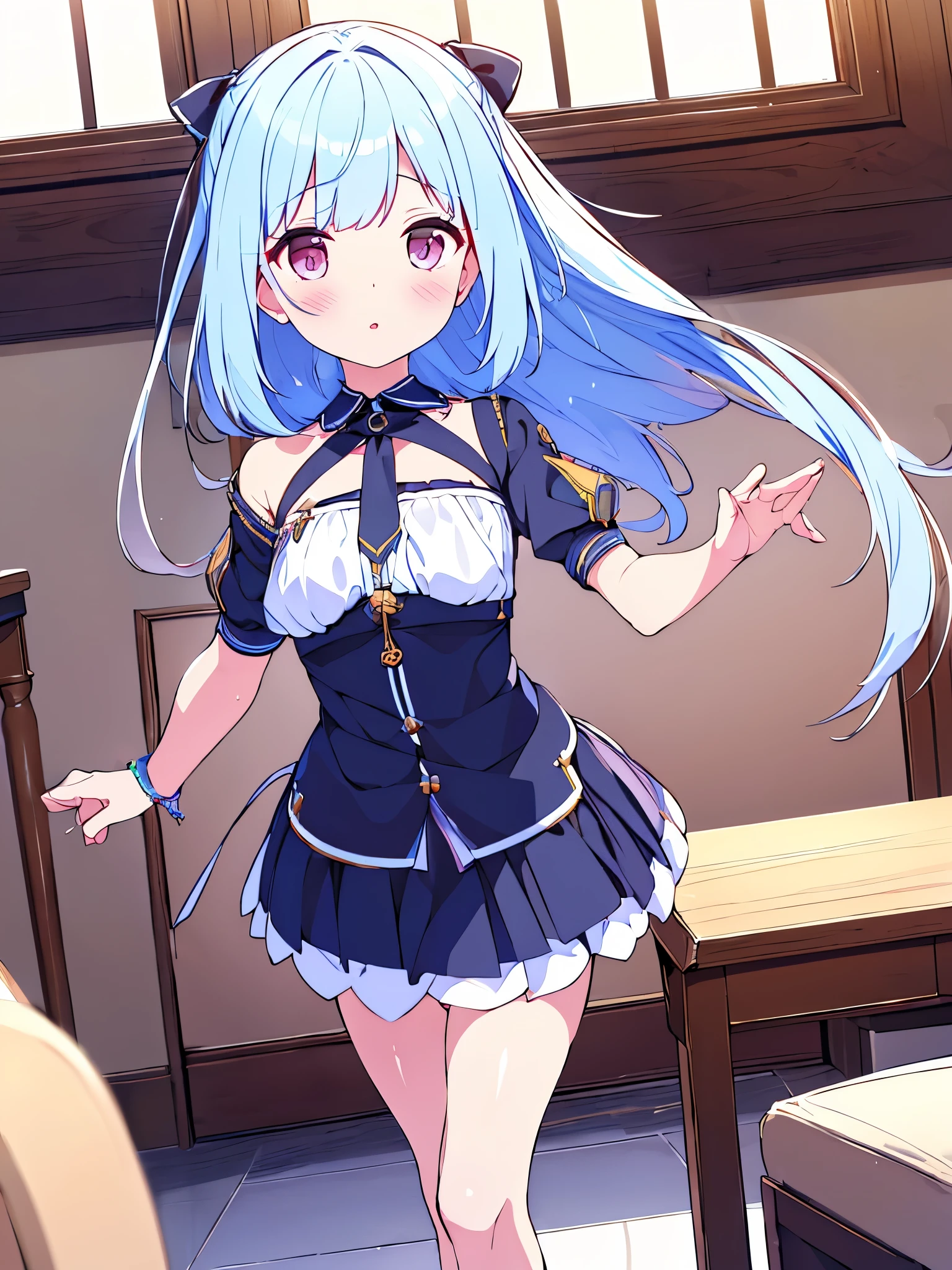 (mejor calidad, obra maestra:1.2), 1 chica, (((obra maestra))), (((cuerpo completo))), (((correr))), de primera calidad, de primera calidad, high details ray tracing ray tracing girl small breasts blue hair white pink eyes in dress Gothic short skirt white panties with long stockings in room  anatomía prefecta excelente calidad 8k 