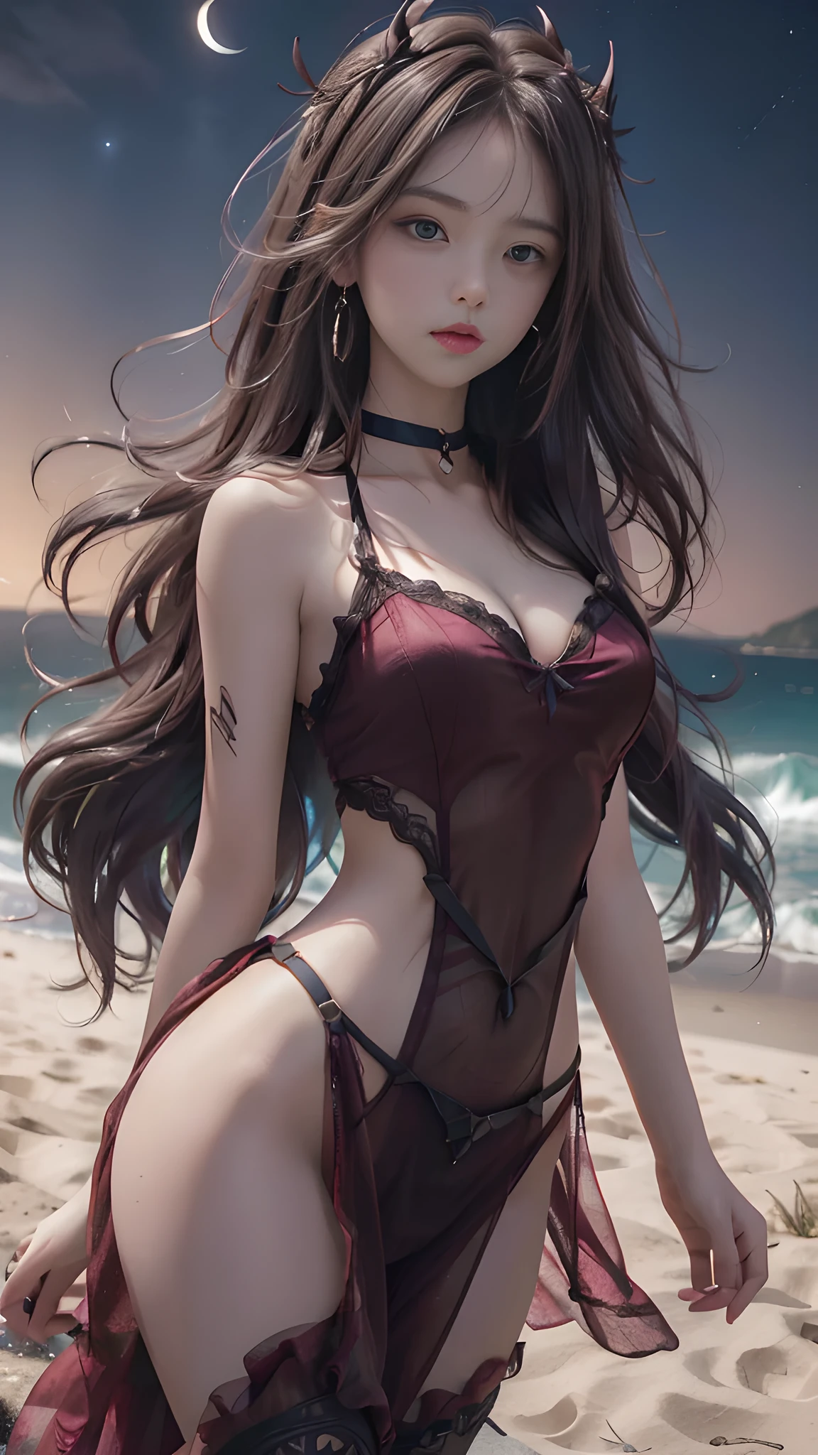 full hd 8k, Girl standing in front of a dark night scene, full moonlight reflecting on her beautiful face. Her long, silky hair was gently blown by the night wind, creating a gentle and romantic feeling. She is walking on a large beach. She looked up at the starry sky, as if searching for something, her eyes showing a pensive and look. The full moon shines in the night sky creating a beautiful scene. The girl has long, silky hair, creating a luxurious and noble beauty. The moonlight shines on the girl's delicate face, highlighting her large, round light brown eyes, creating a natural, gentle beauty. She wore a little sexylyd dress to create a sexy beau Her plumble breasts wered, revealing her plumble and extremely sexy breasts. Theseages detailed panoramic portraits and views of the sky and sea. All create a beautiful, wonderful picture that makes people unable to take their eyes off the scene. All of these details are depicted clearly and sharply, creating sexyly poses,