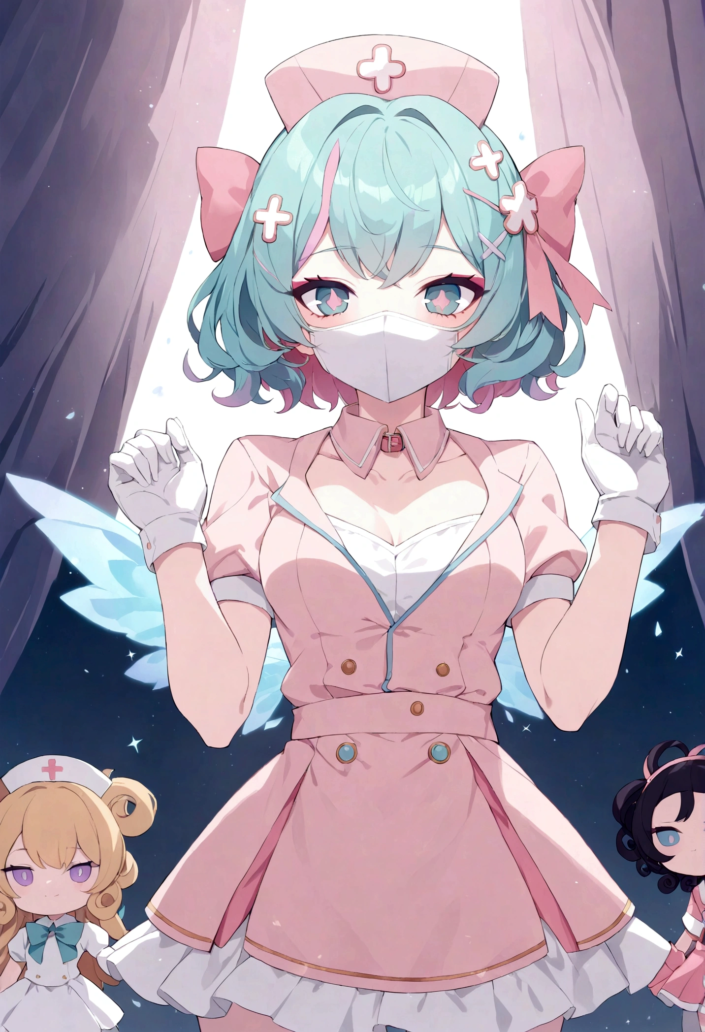 (League of Legends female character, League of Superheroes art style), Female nurse fairy, ((Perfect quality doll clothing, Unbuttoned clothes, ribbon on hair, Cute gloves, collar, Face mask, Nurse hat )), ((Curly short hair style, random pupils, random makeup, slim body)), (Heavy Healing Aura, Sacred Effects), (masterpiece, A world of dreams, Super Resolution), Hospital Background