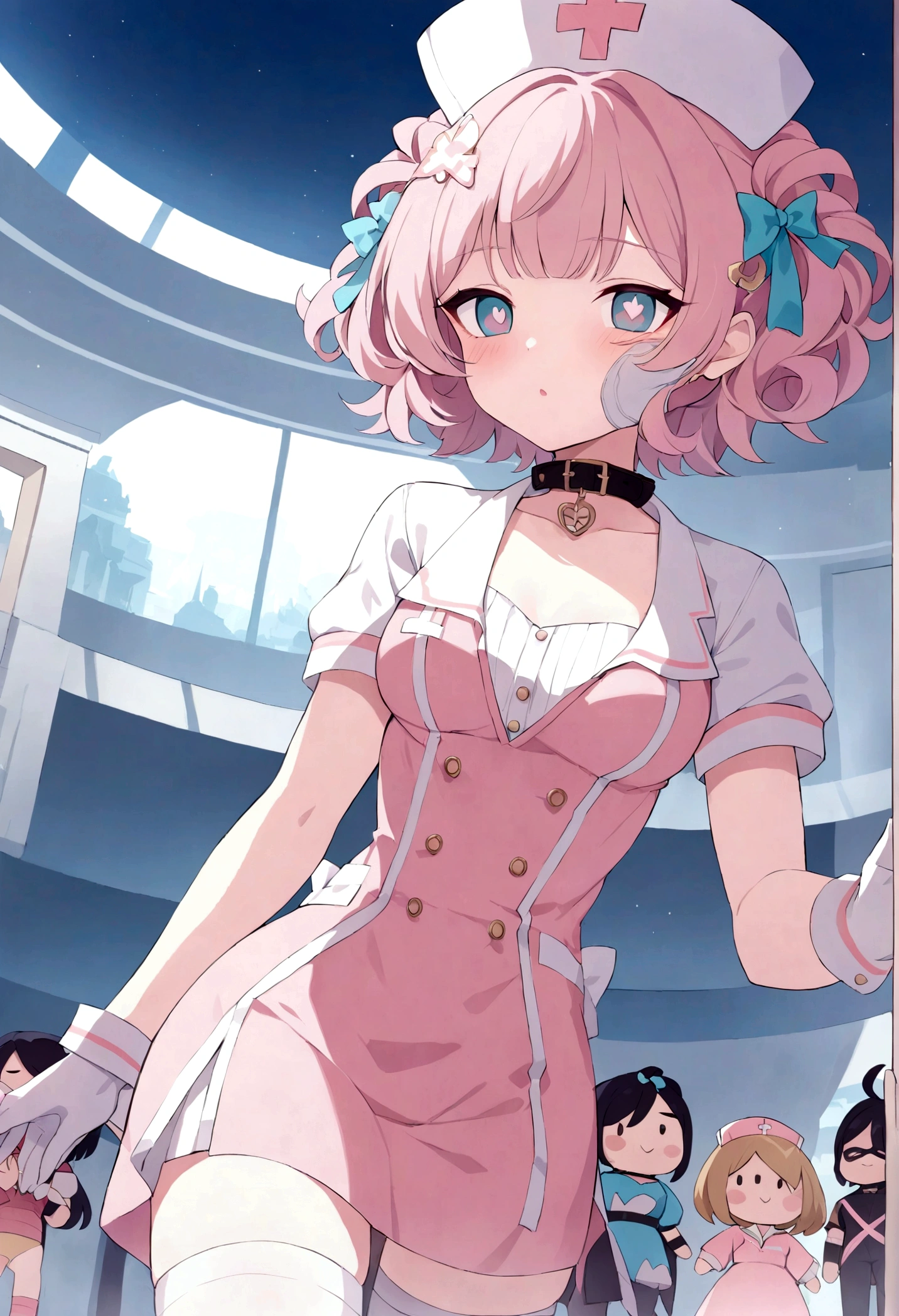 (League of Legends female character, League of Superheroes art style), Female nurse fairy, ((Perfect quality doll clothing, Unbuttoned clothes, ribbon on hair, Cute gloves, collar, Face mask, Nurse hat )), ((Curly short hair style, random pupils, random makeup, slim body)), (Heavy Healing Aura, Sacred Effects), (masterpiece, A world of dreams, Super Resolution), Hospital Background