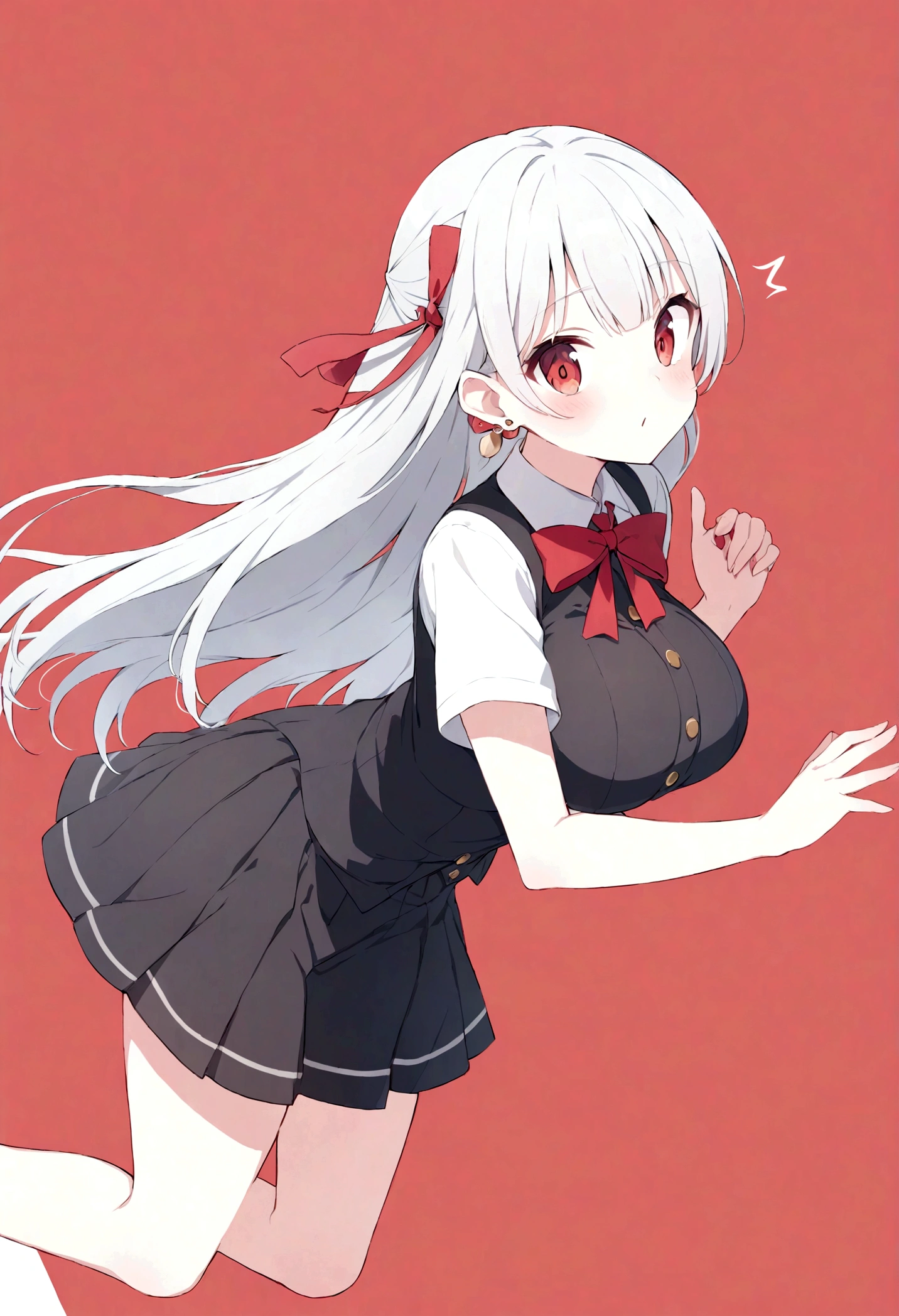 (quality,pixiv,
vinegar,1 Girl,Solitary,earrings,Jewelry,Red Eyes,Red background,breast,Ribbon,long hair,looking at the audience,hair Ribbon,Simple background,like \(destiny\),Ma Kirito Sakura,Bangs,large breast,Short sleeve,black skirt,red Ribbon,transparent,Shut up,skirt,Gray hair,white hair,Puff sleeves,Buttons,red bow,bow,