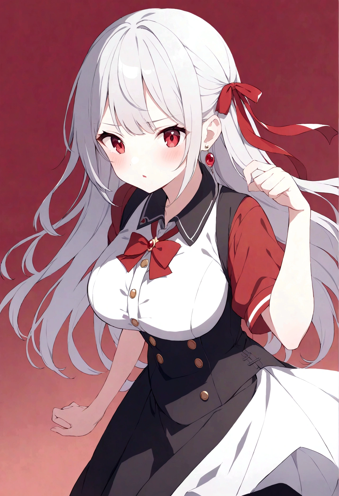 (quality,pixiv,
vinegar,1 Girl,Solitary,earrings,Jewelry,Red Eyes,Red background,breast,Ribbon,long hair,looking at the audience,hair Ribbon,Simple background,like \(destiny\),Ma Kirito Sakura,Bangs,large breast,Short sleeve,black skirt,red Ribbon,transparent,Shut up,skirt,Gray hair,white hair,Puff sleeves,Buttons,red bow,bow,